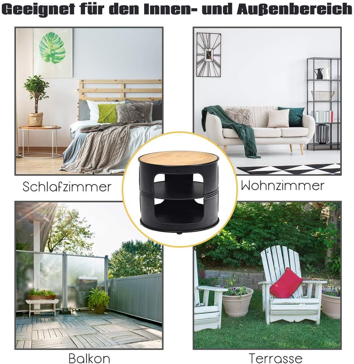 COSTWAY Beistelltisch Nachttisch, Metall, rund, 3 Ebenen, 50x50x41,5cm