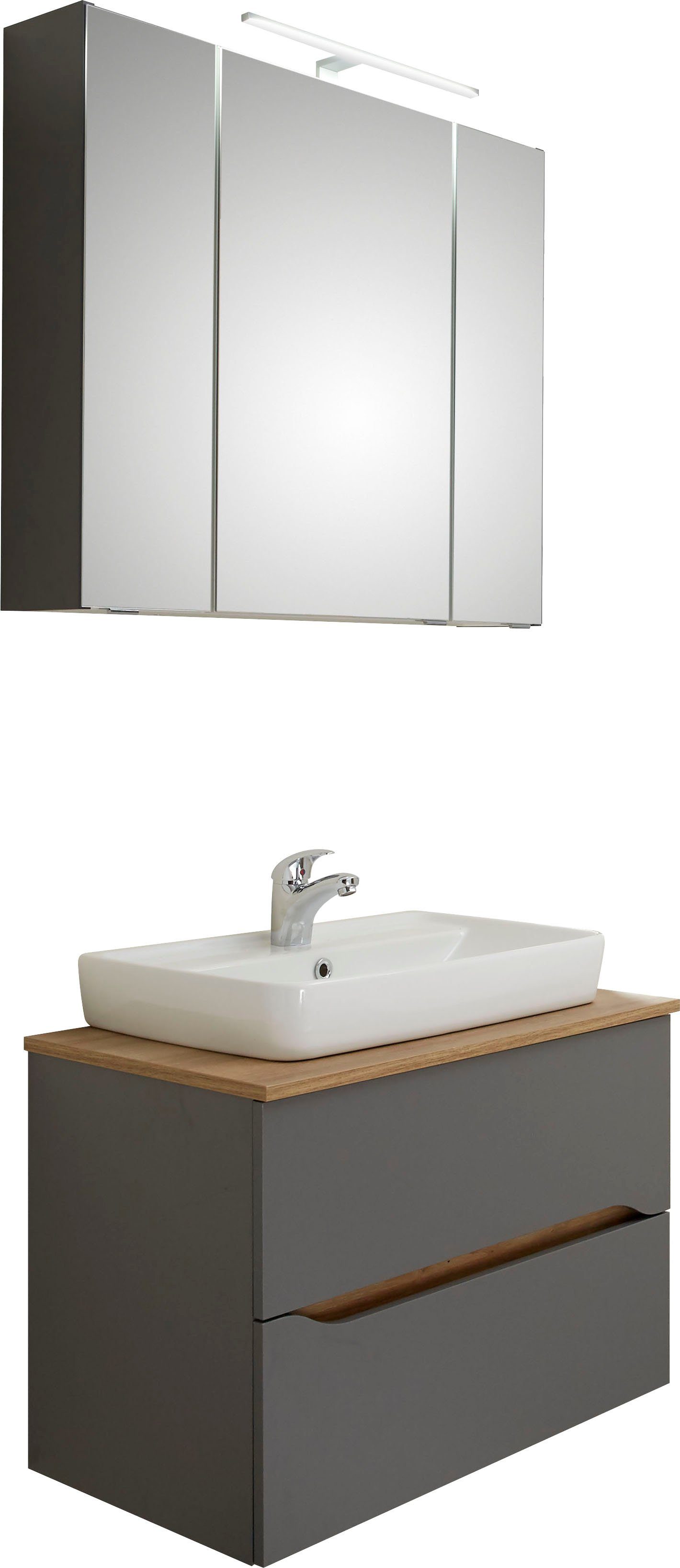 Saphir Badmöbel-Set Quickset 2-teilig, Keramik-Aufsatzbecken mit LED-Spiegelschrank, (2-St), 80 cm breit, 2 Schubladen, 3 Spiegeltüren, 6 Einlegeböden