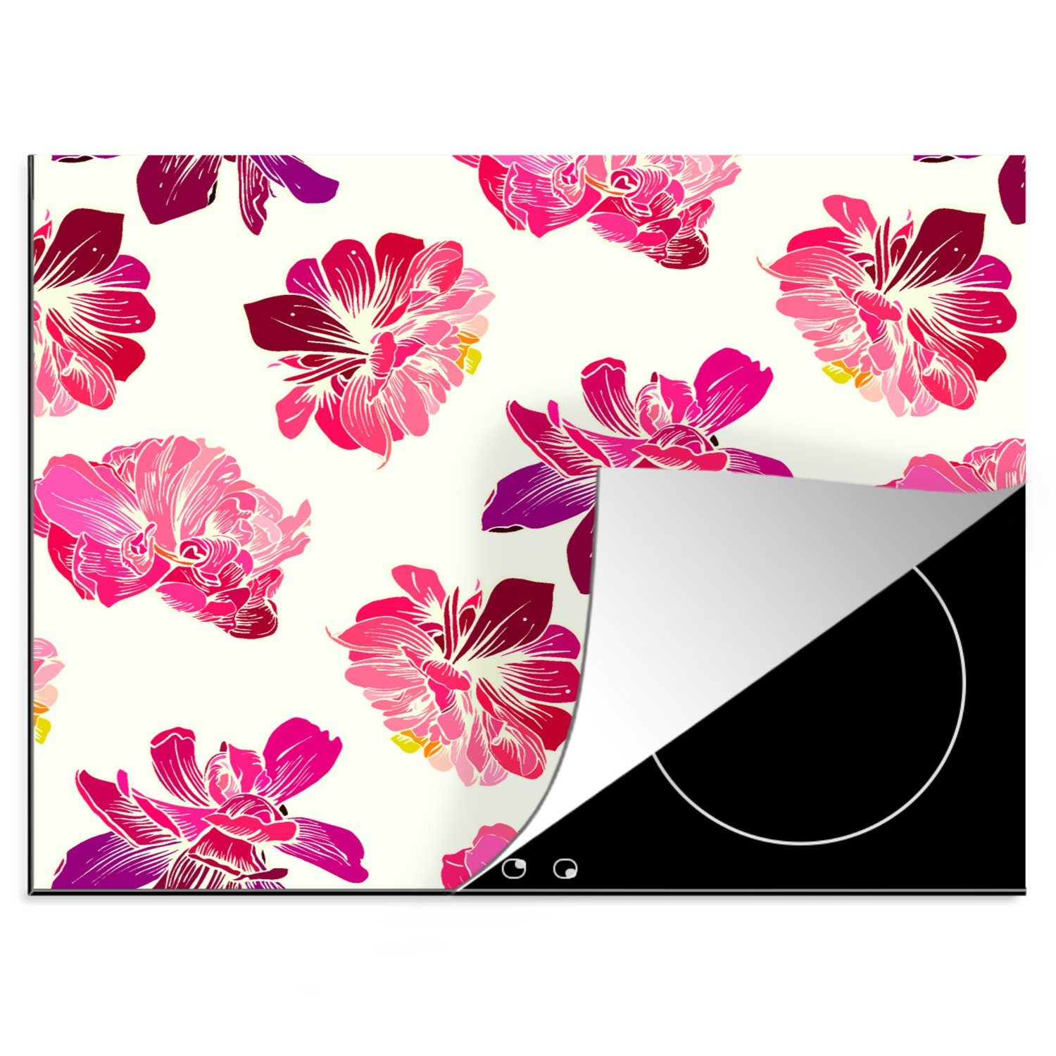MuchoWow Herdblende-/Abdeckplatte Blumen - Rosa - Muster, Vinyl, (1 tlg), 60x52 cm, Mobile Arbeitsfläche nutzbar, Ceranfeldabdeckung
