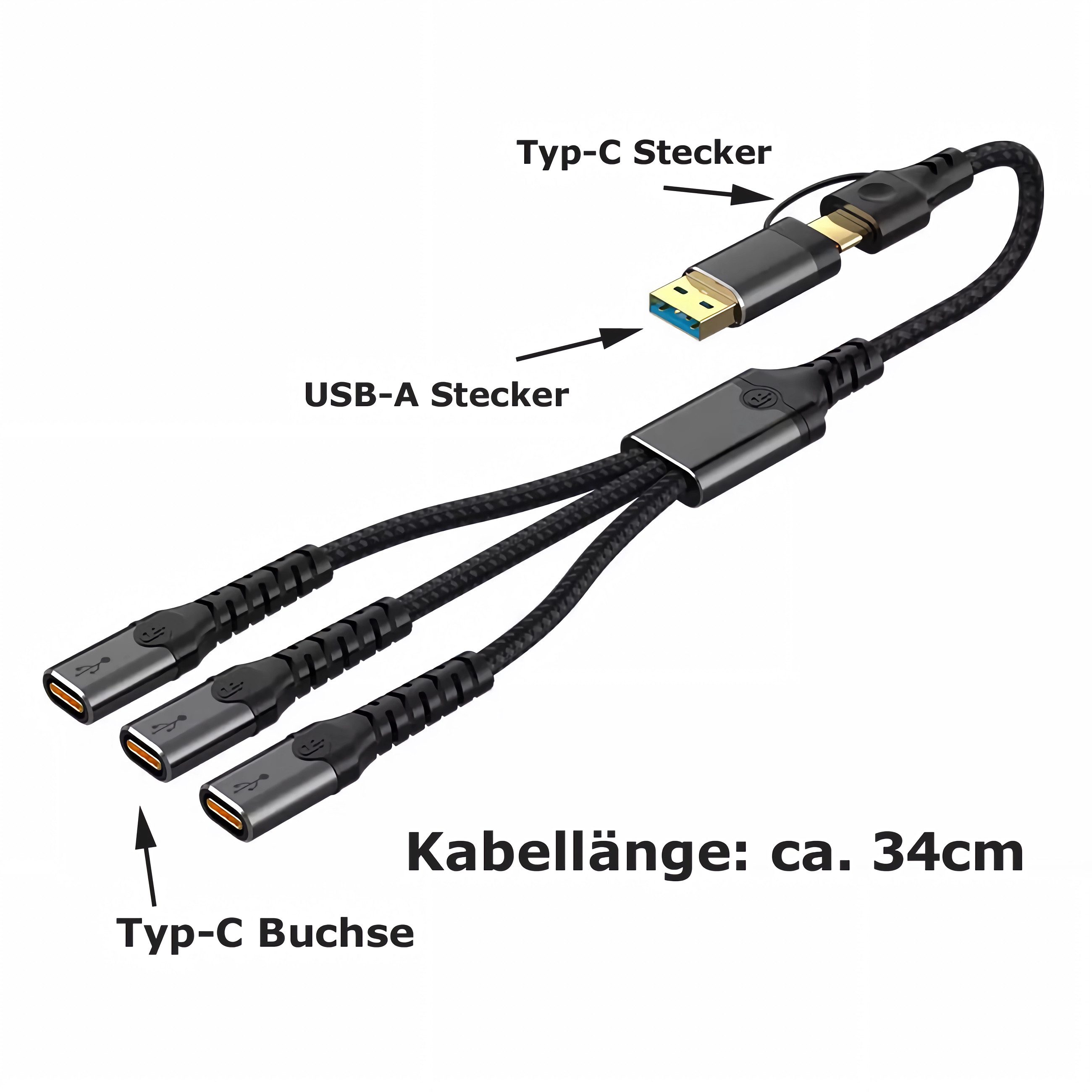 Bolwins N35C USB-A/USB-C zu 3x USB-C Hub 34cm OTG Adapter Laptop Tablet Handy USB-Kabel, USB-A Stecker, USB-C Stecker, 3x USB-C Buchse (34 cm), Kompakter 3-fach USB-C Hub mit Dual-Eingang, Plug & Play Design