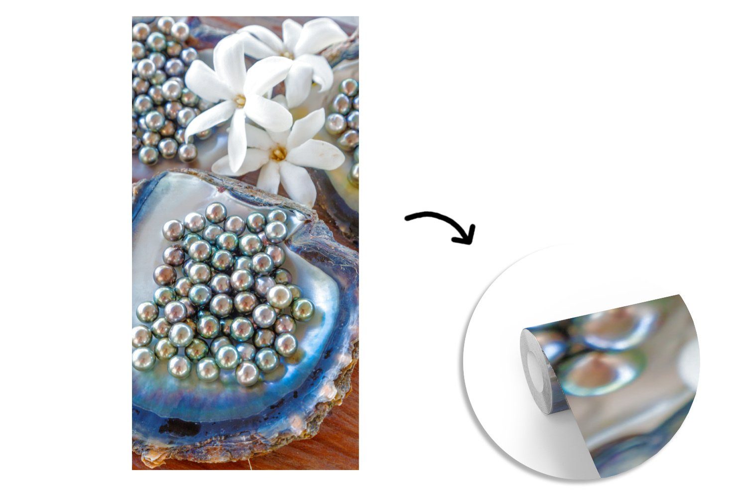 MuchoWow Fototapete Weiße Blumen St), Matt, (2 mit Austern Fototapete Wohnzimmer Küche, zwischen Perlen, für schwarzen bedruckt, Schlafzimmer Vliestapete
