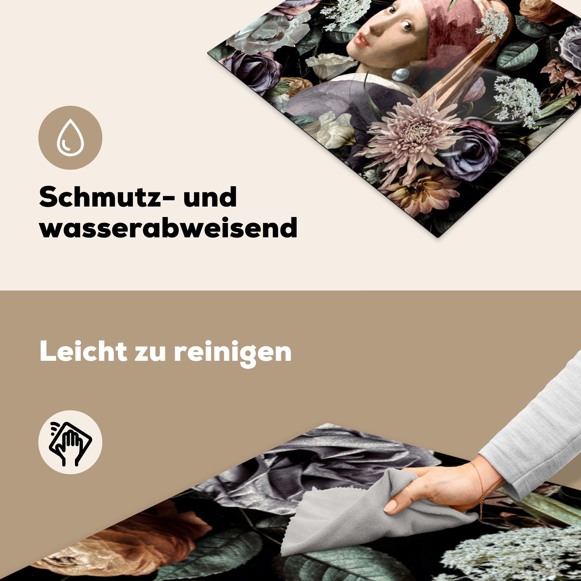 MuchoWow Herd-Abdeckplatte Mädchen mit Perlenohrring - Blumen - Vermeer - Pastell - Kunstwerk - G, Vinyl, (1 tlg), Cerankochfeld Abdeckung, Herd Abdeckplatten Vinyl, 58x51 cm