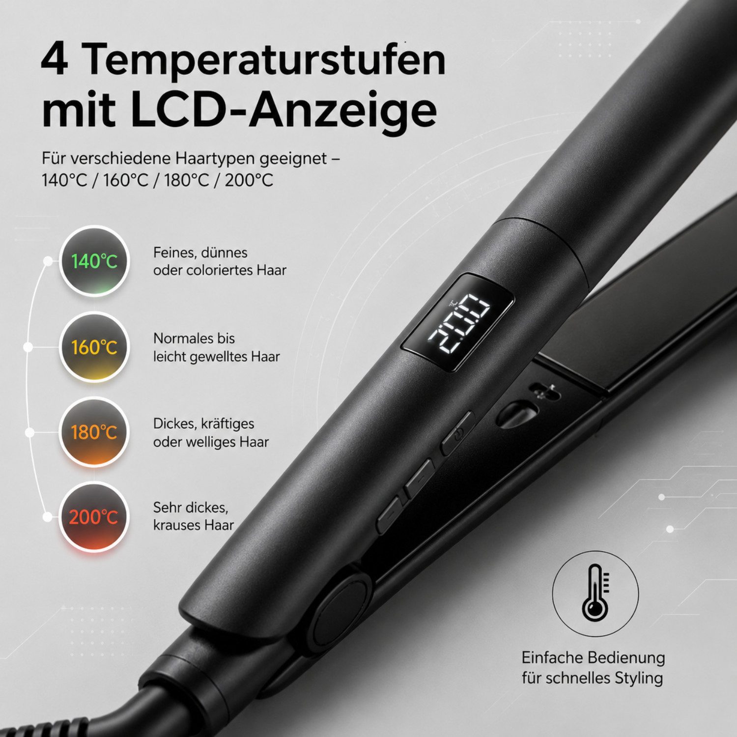 Fyrove Glätteisen Haarglätter mit LCD-Display, 4 Temperaturstufen 140–200°C Keramik-Haarglätter mit Auto-Off, 360° Drehkabel, Styling-Tool für glattes Haar, Rei – Bild 4 von 5