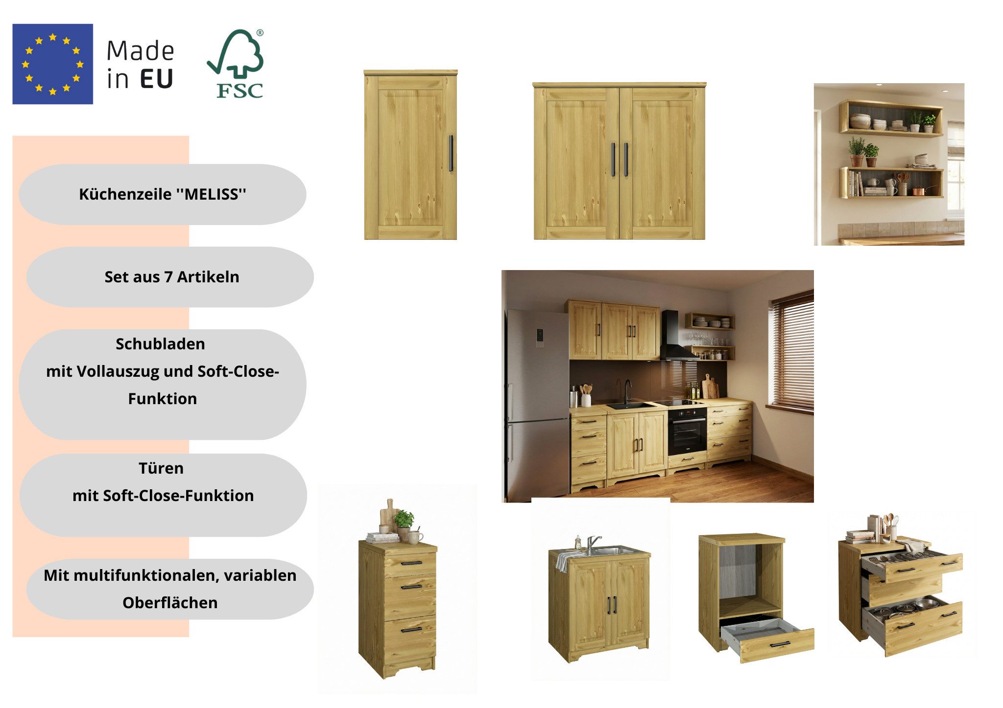 Home affaire Küchenzeile Meliss, aus massiver Kiefer, mit Soft-Close-Funktion, 8-teiliges Set