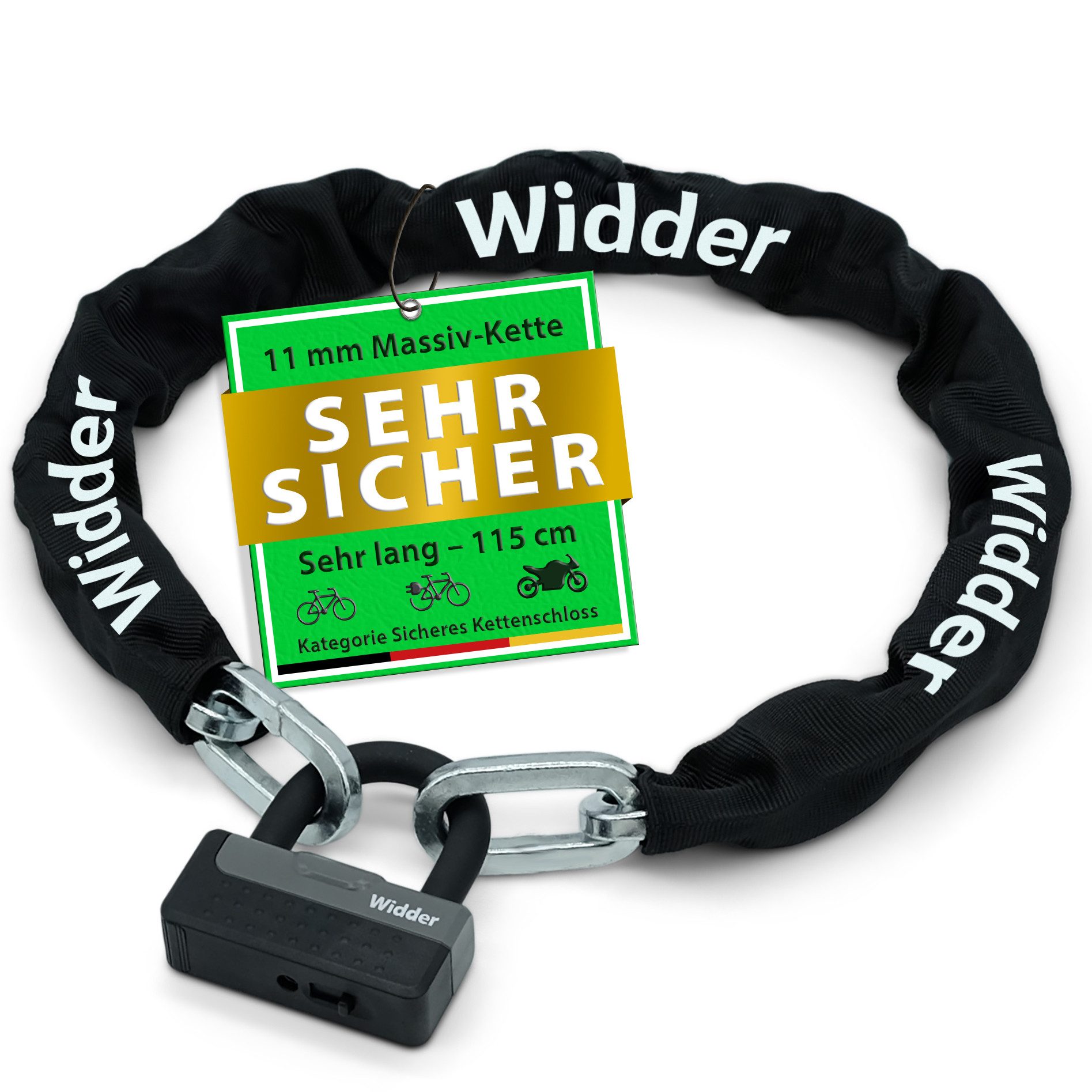Widder Kettenschloss Motorrad [Titan-Stahl Level 15] sicheres Motorradschloss [4 Schlüssel], 115cm lang • 11mm Massiv-Stahl • Motorrad Moped E-Bike Fahrrad Scooter