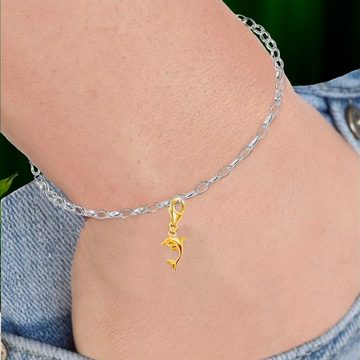 Goldene Hufeisen Charm-Einhänger Delphin Karabiner Charm Anhänger Bettelarmband 925 Silber Vergoldet (inkl. Etui), für Gliederarmband oder Halskette