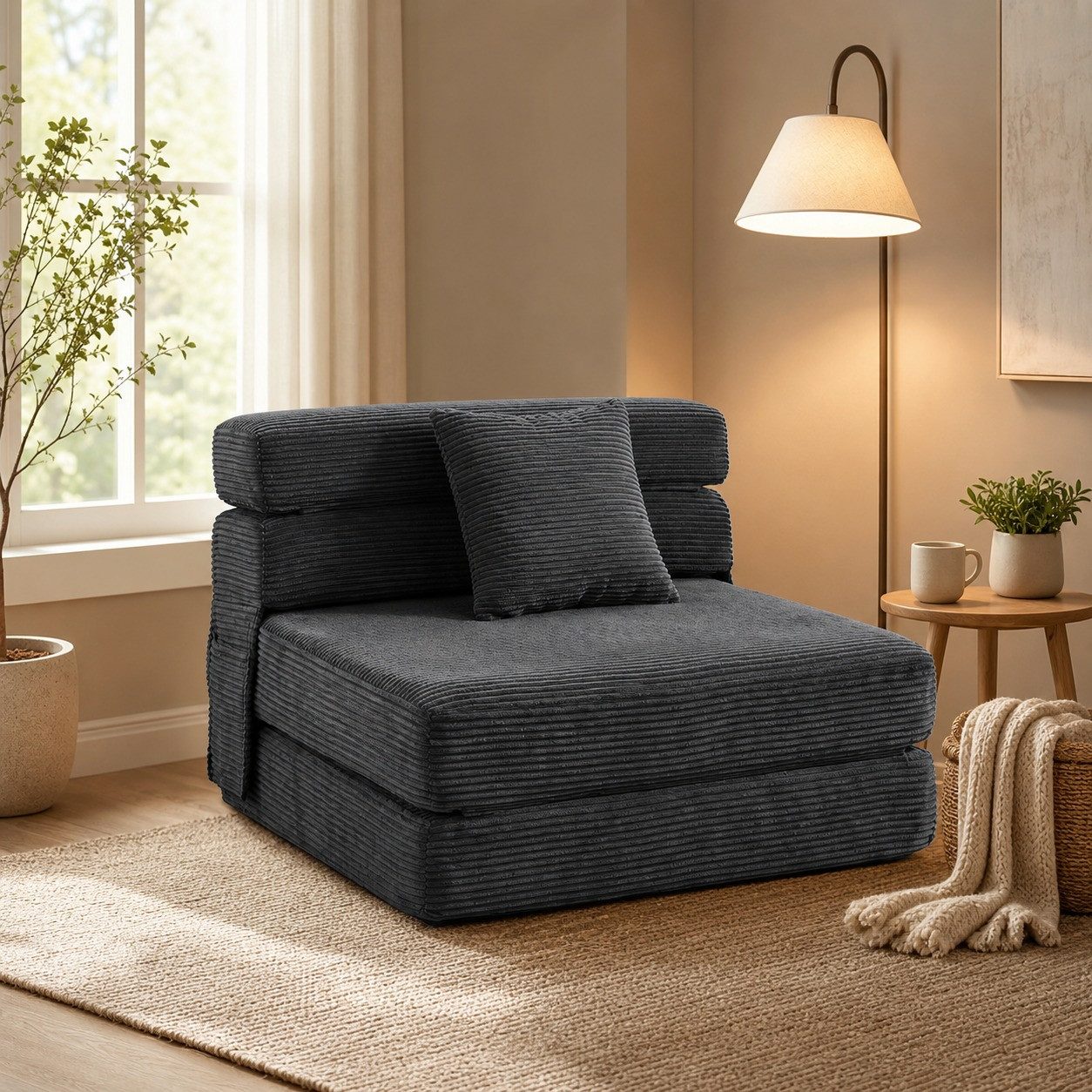 REDOM Sessel Klappbarer Bodensessel 2in1 Cloud Stuhl Dunkelgrau (1-St., Sitzliege für Wohnbereich, Gästezimmer und Freizeit), Schlafsessel mit Cord Bezug und Rücken-Lendenkissen
