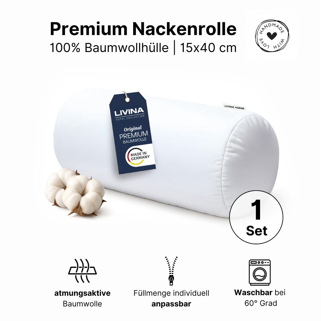 LIVINA HOME Nackenrolle Kopfkissen in Hotelqualität, Sofakissen, 15x40cm, Made in Germany, Nackenkissen orthopaedisch, Reißverschluss, Made in Germany