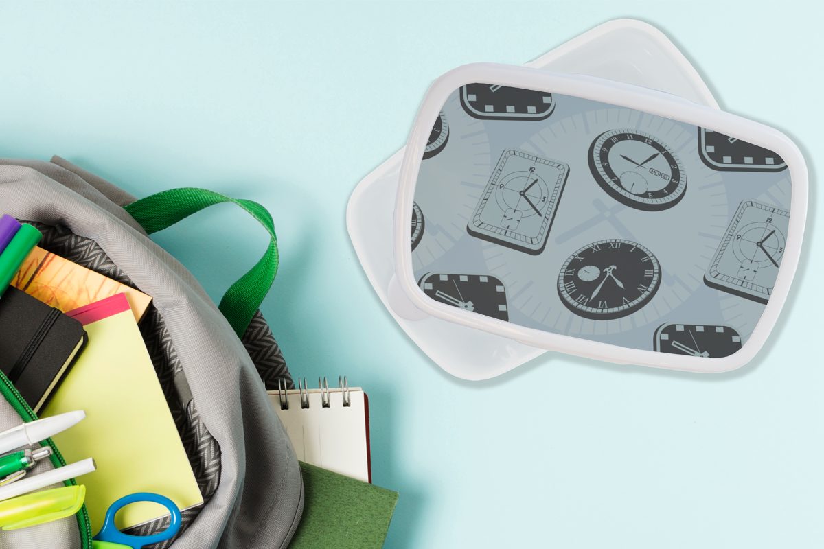 Erwachsene, weiß - Brotdose, Uhr für Kunststoff, - für (2-tlg), Kinder MuchoWow Vintage, Lunchbox und Muster und Mädchen Brotbox Jungs