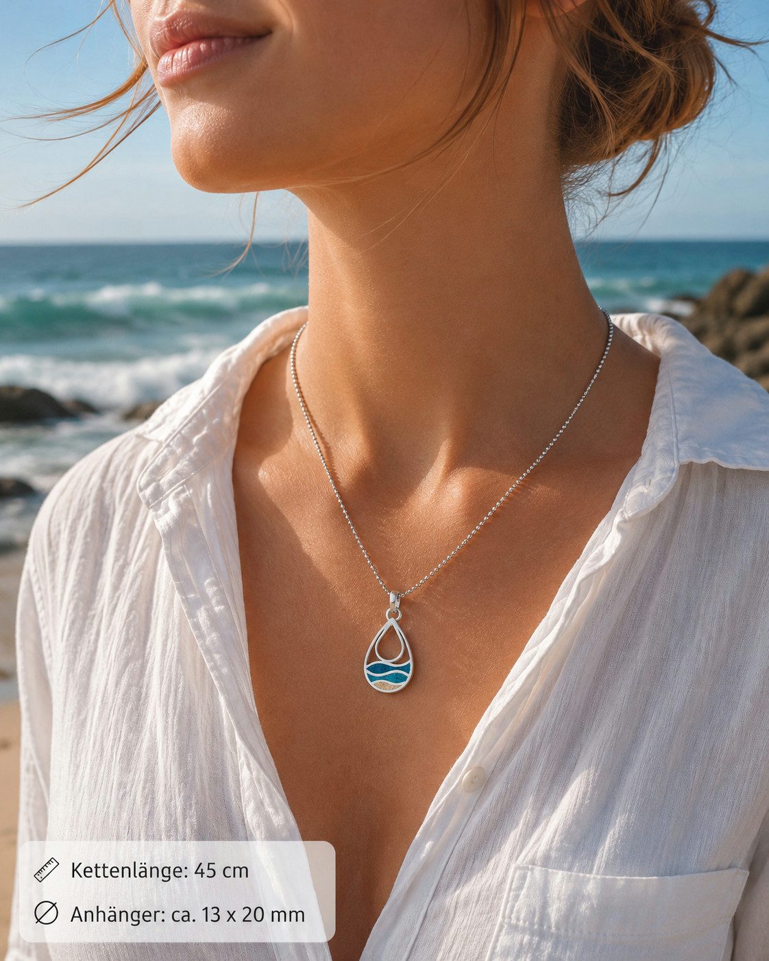 DUR Kette mit Anhänger K3044 Strandwellen Drop – Strandsand & blauer Steinsand, 925er Silber – 45 cm