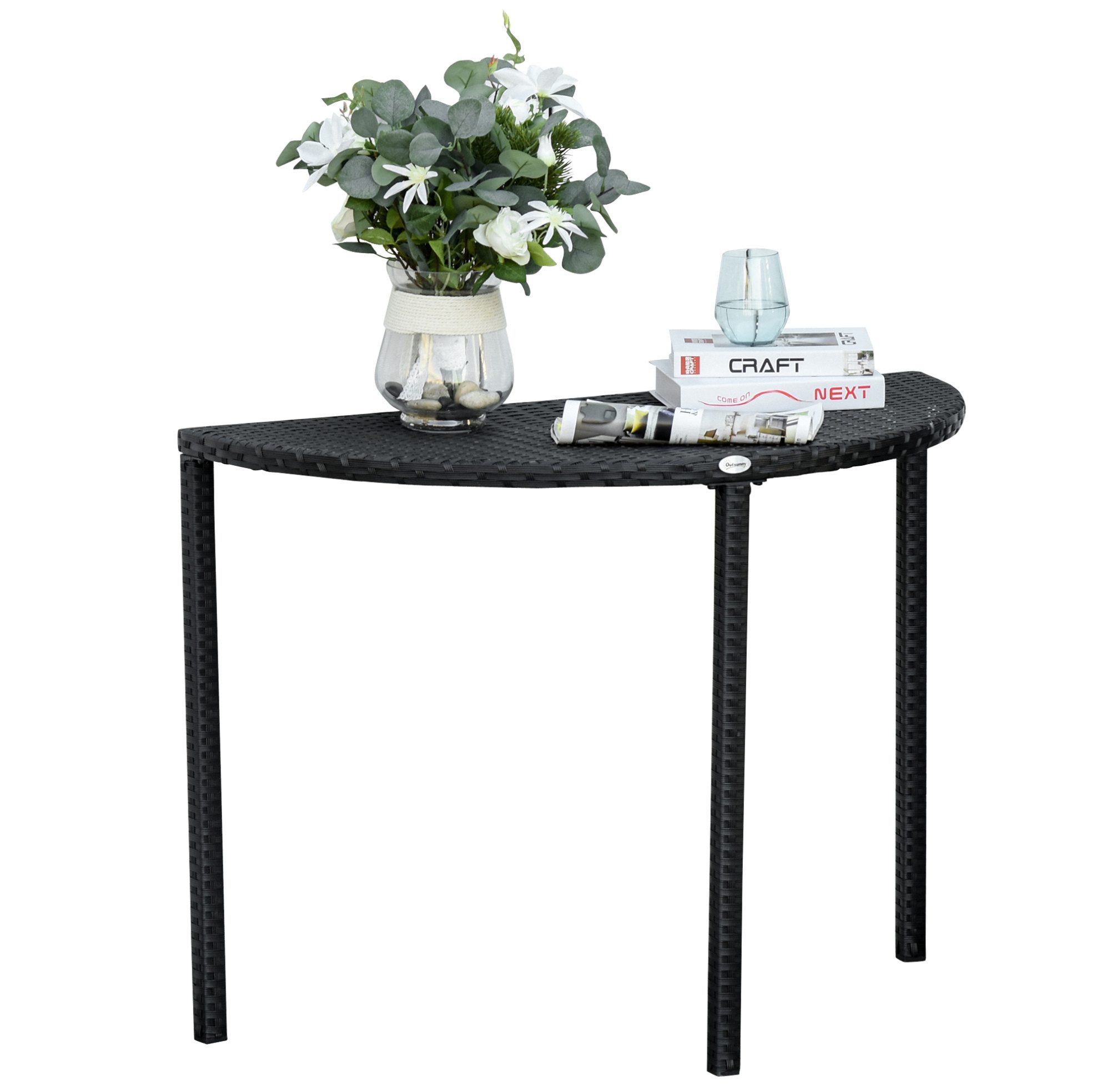 OKWISH Gartentisch Halbrunder Balkontisch 100x50x74 cm Schwarz Polyrattan Metall (Packung, 1-St., Moderner Outdoor Tisch aus Polyrattan, platzsparendes Design), Garten Beistelltisch für Balkon & Terrasse, stabile Konstruktion