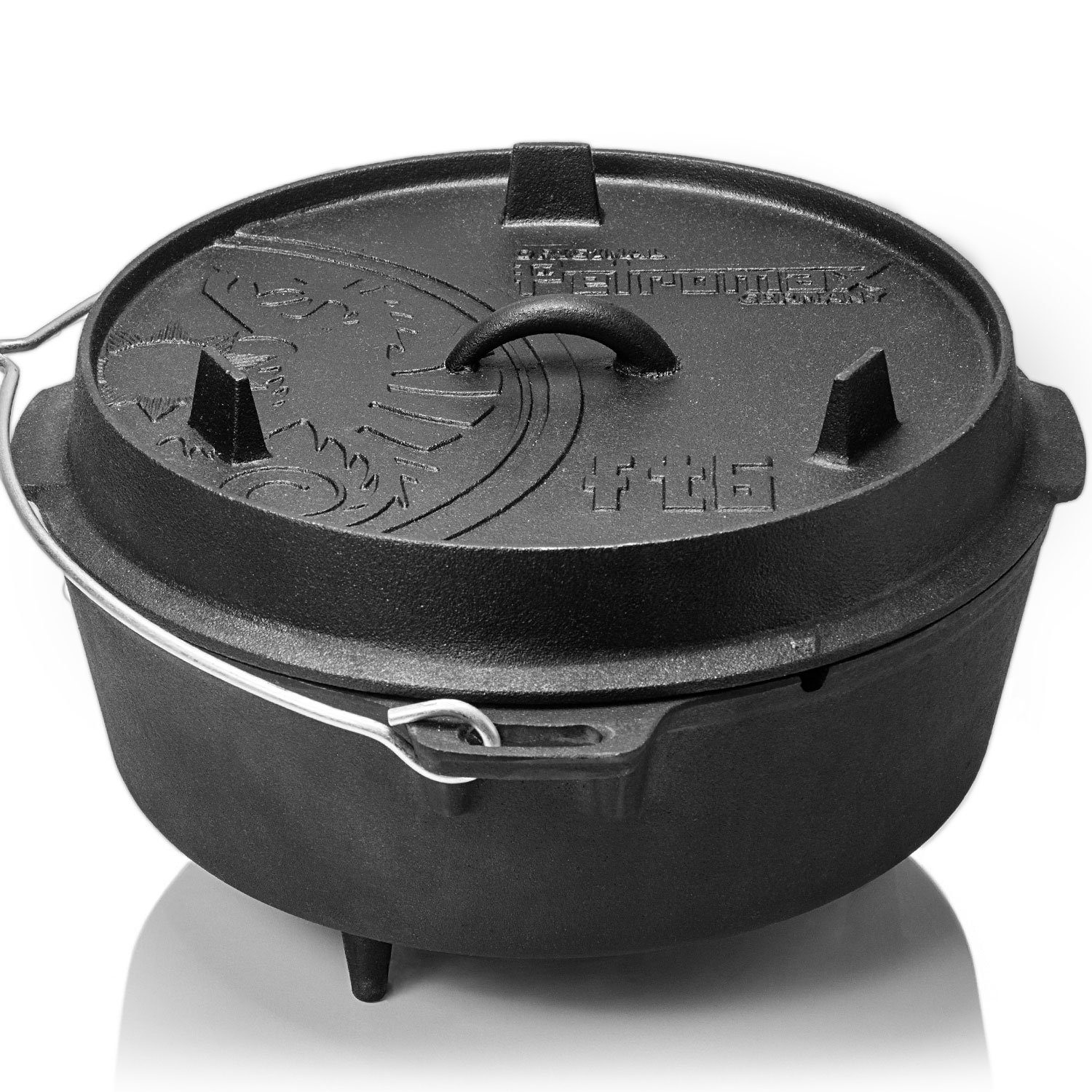 Petromax Schmortopf Feuertopf Dutch Oven ft6 mit Füssen 4-8 Personen 5,5l, Gusseisen (Spar-Set, 6-tlg., Topf+Deckel+Deckelheber+Paste+Schaber+Feuer-Kit), Deckel mit Henkel, als Pfanne nutzbar, Topf induktionsfähig
