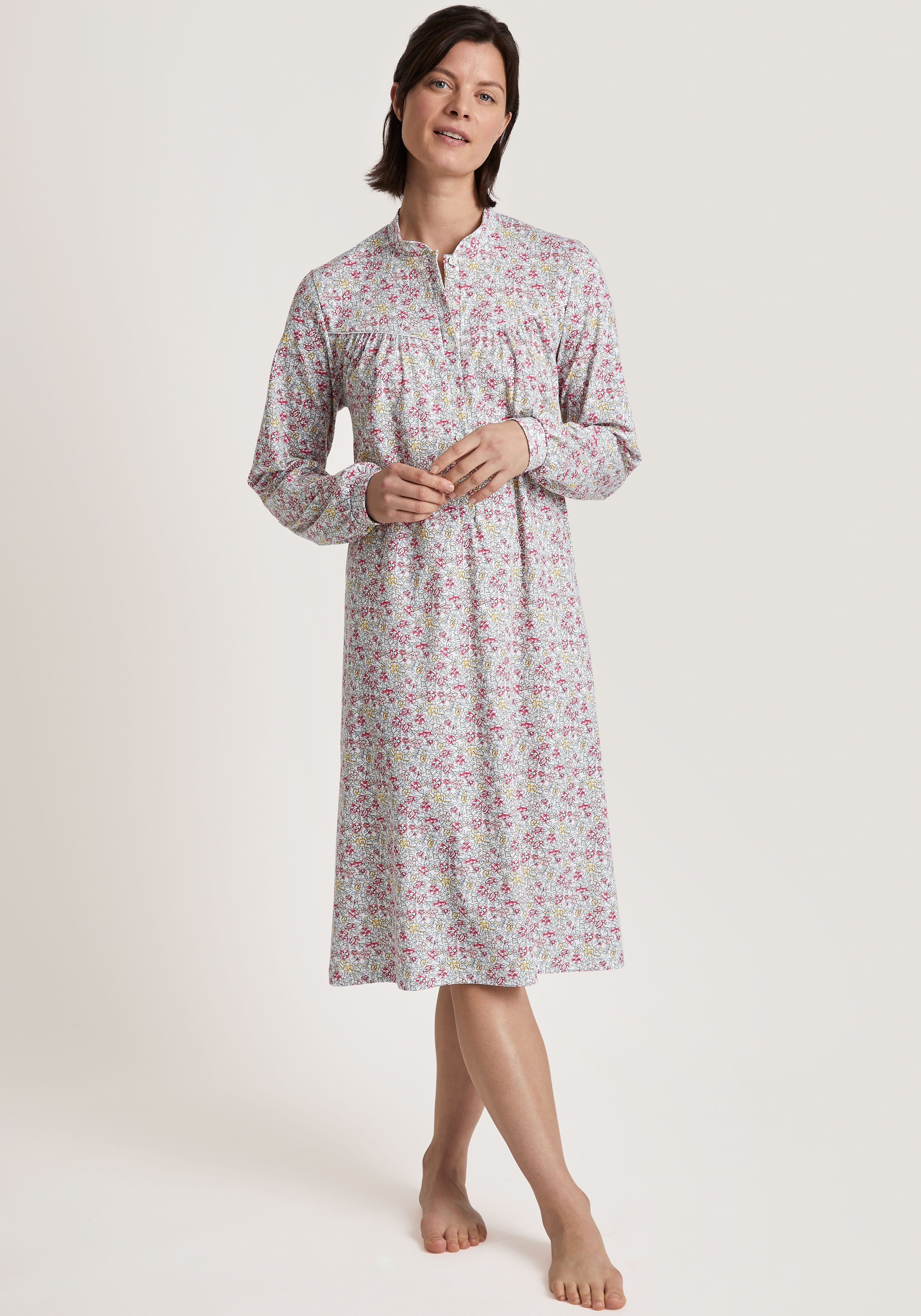 CALIDA Nachthemd Soft Cotton mit Satinband eingefasst, Langarm, Interlock-Qualität, Knopfleiste