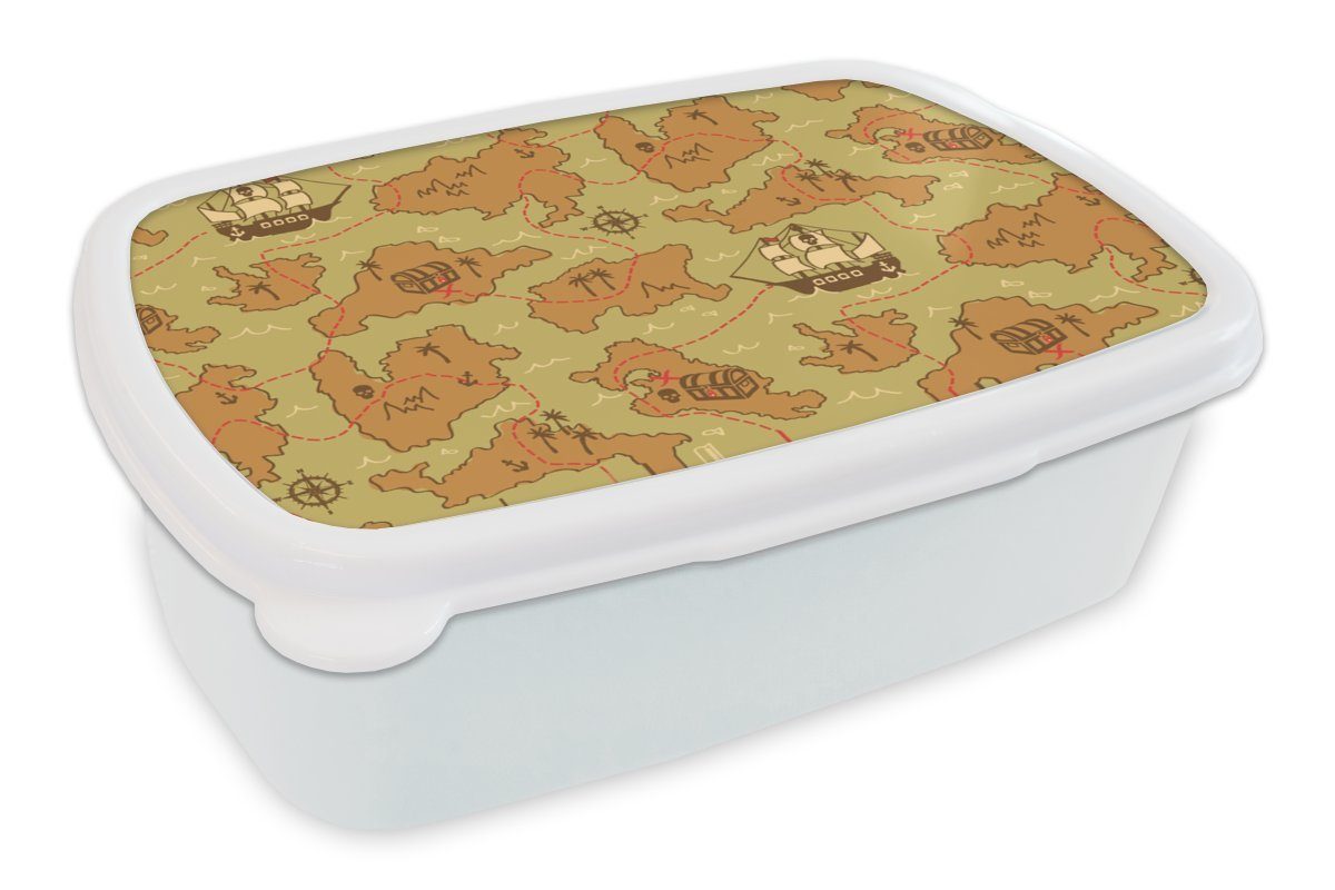 MuchoWow Lunchbox Schatzkarte - Piraten - Muster - Kinder, Kunststoff, (2-tlg), Brotbox für Kinder und Erwachsene, Brotdose, für Jungs und Mädchen weiß