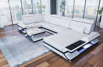 Sofa Dreams Wohnlandschaft Napoli - U Form Ledersofa, Couch, mit LED, wahlweise mit Bettfunktion als Schlafsofa, Designersofa
