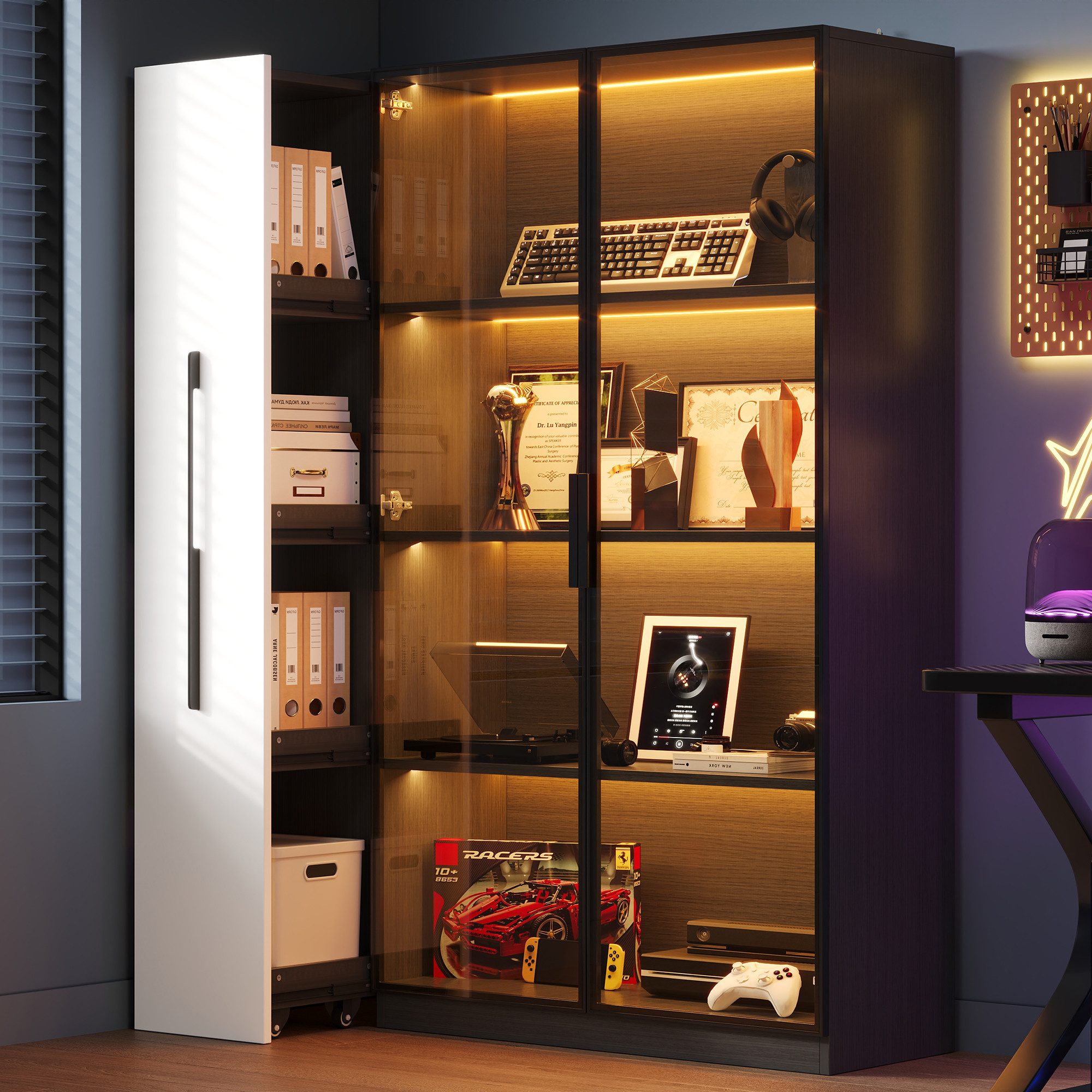 Odikalo Vitrine vitrinenschrank Glasvitrine Hochschrank mit LED und Schublade (Multifunktionsschrank 110,5×35×160-Vitrine mit Glastür und LED Seitenauszug Rollschrank–Hochschrank im französischen Stil Bücherregal Vitrine Badezimmerschrank Esszimmerschrank)