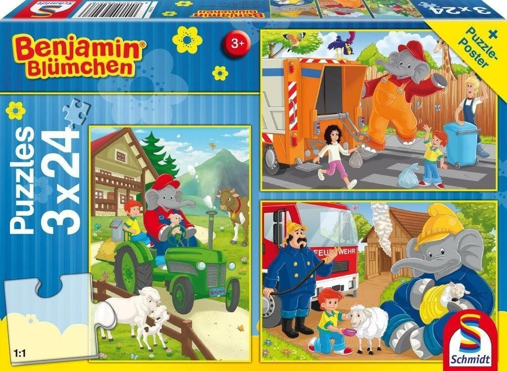 Schmidt Spiele Puzzle Benjamin Blümchen: In Aktion. 3 x 24 Teile Puzzle, 24  Puzzleteile