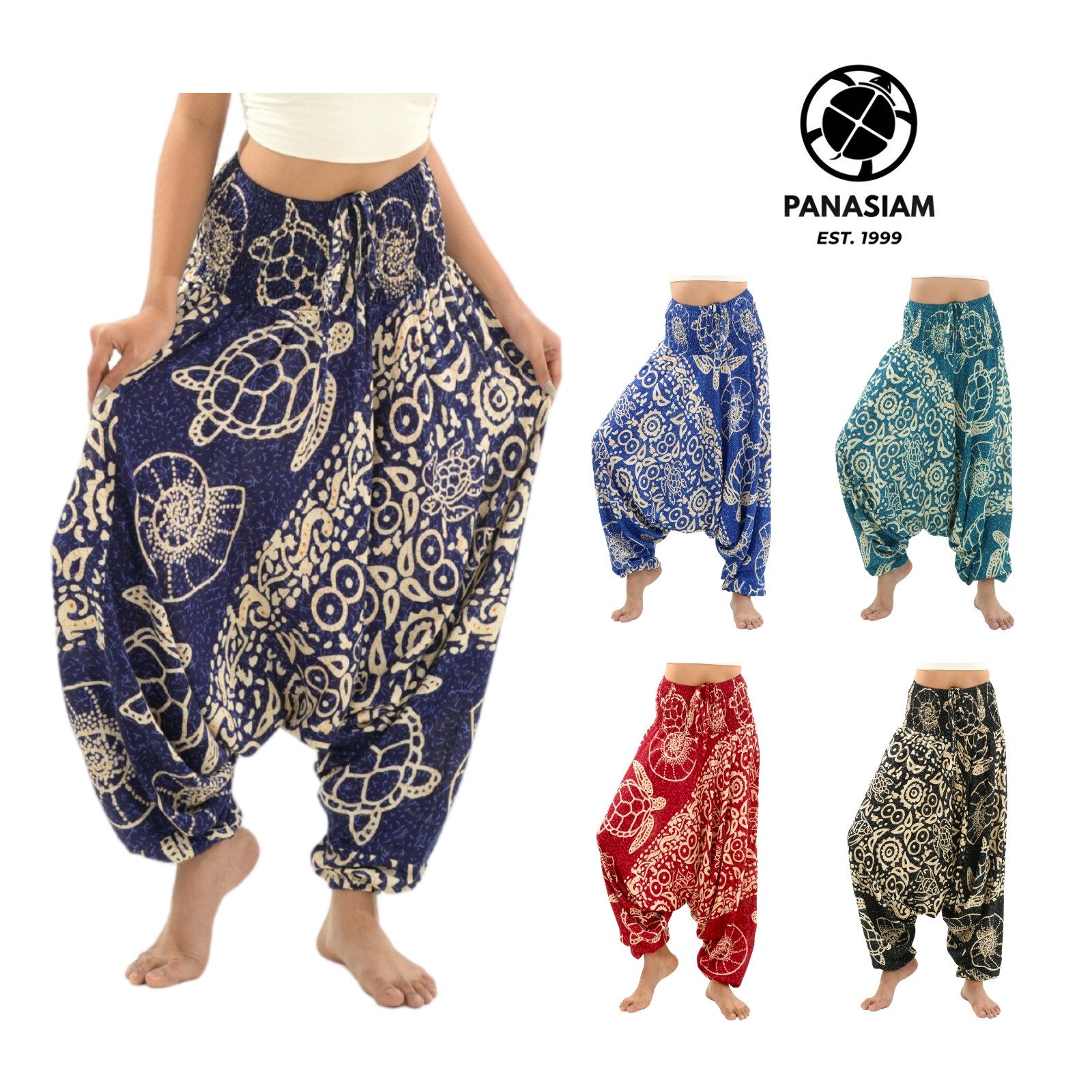 PANASIAM Haremshose Aladinhose aus 100% Viskose weite Haremshose mit breitem Gummibund tropische Genie Hose Buddha Hose Relaxhose lockere Sommerhose Pumphose