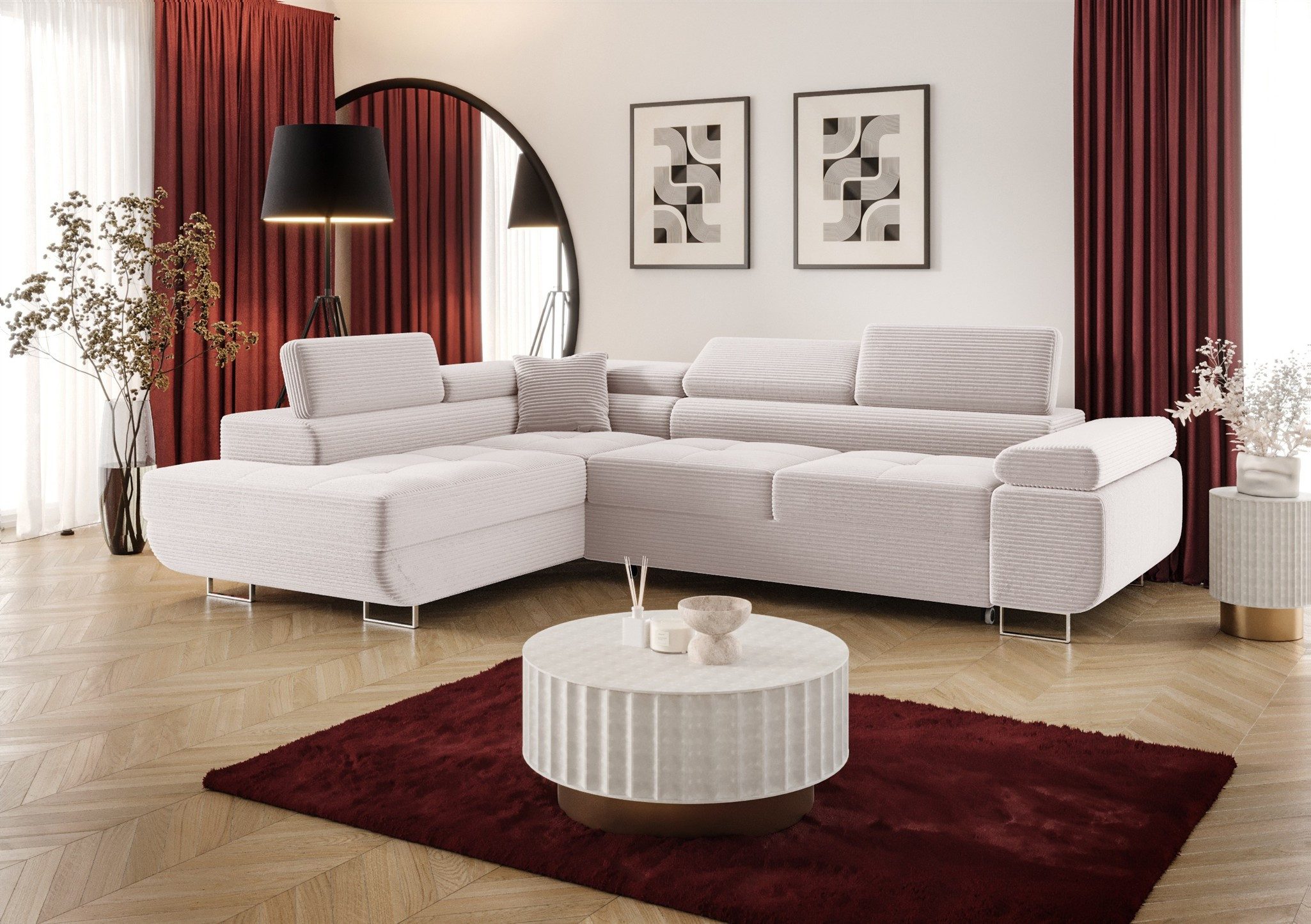 Fun Möbel Ecksofa Schlafsofa MONARO mit Ottomane in Stoff, Bettkasten, Kopfstützen verstellbar