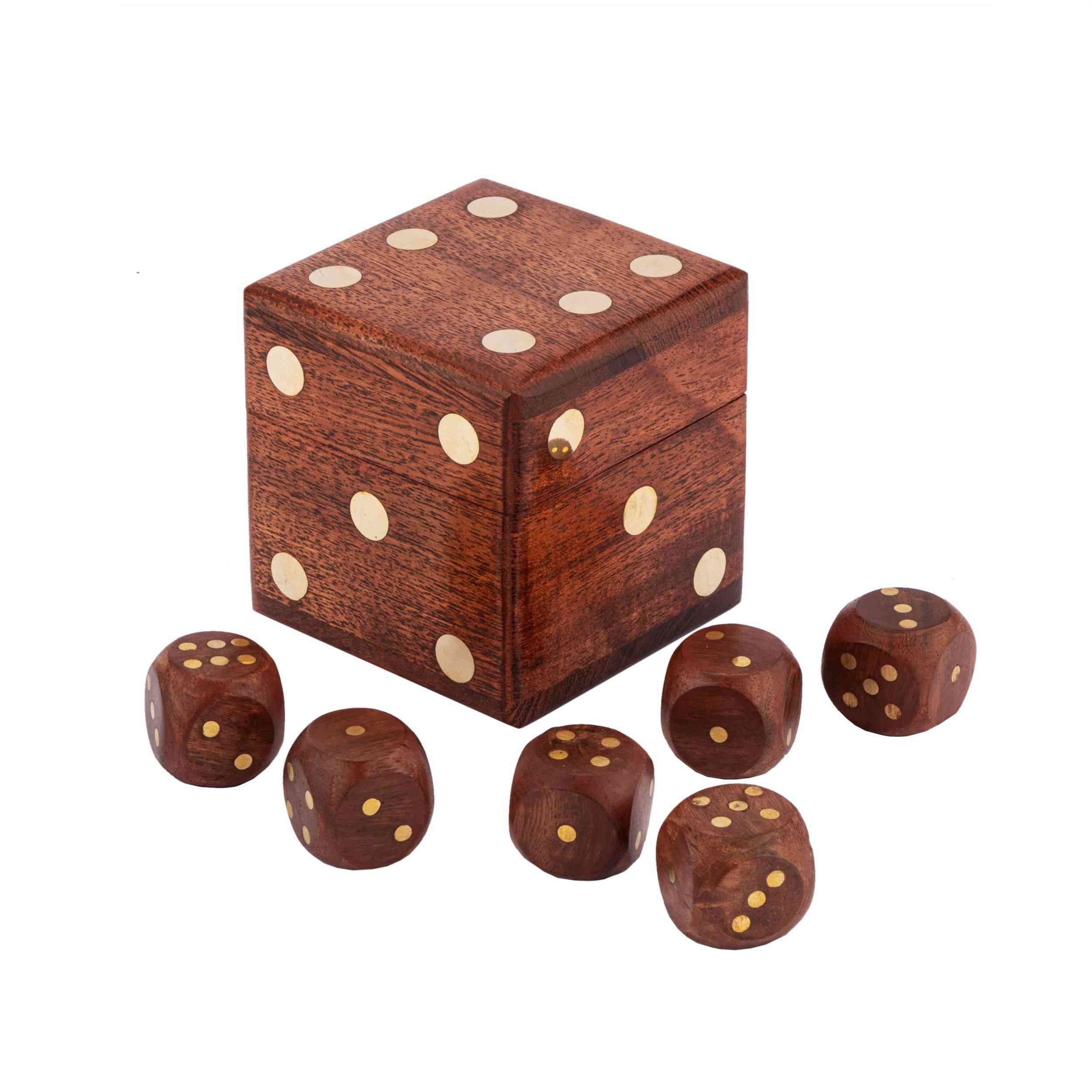 NKlaus Dekofigur Würfelbox mit 5 Würfeln aus Holz/Messing, 6x6x6cm – Nautisches Würfels, Made in Germany