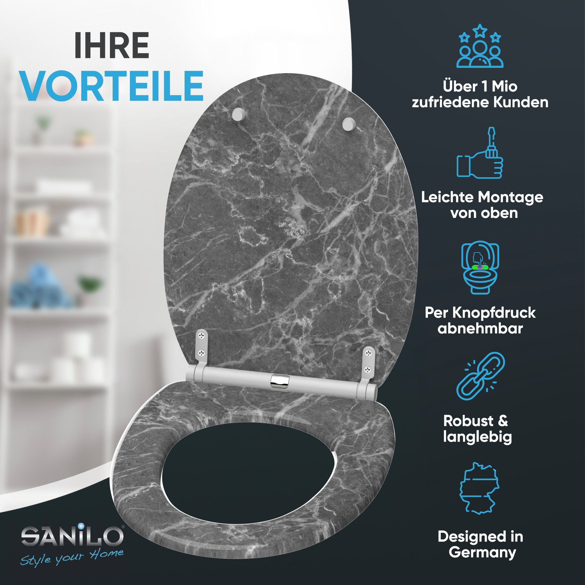 Sanilo WC-Sitz Marmor Grau mit Absenkautomatik & Quick Release, Premium Toilettendeckel, abnehmbar, leichte Montage von oben