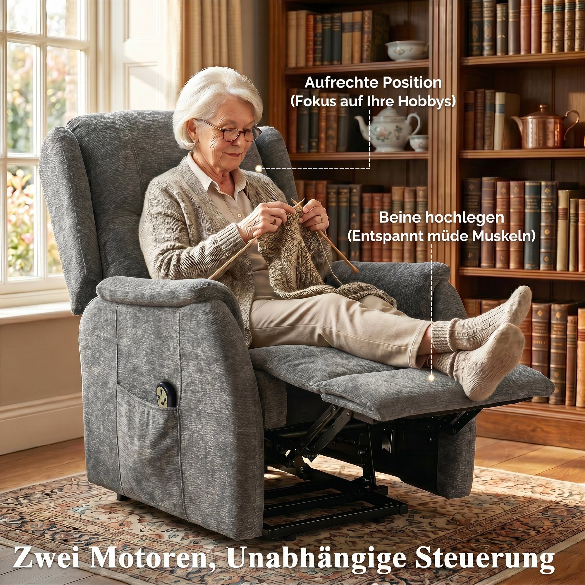 HOMCOM Relaxsessel Fernsehsessel mit 2 Motorn TV Sessel mit Aufstehhilfe (Set, 1-St., 1), Doppelmotor, elektrische Aufstehhilfe, Chenillebezug – Bild 5 von 5