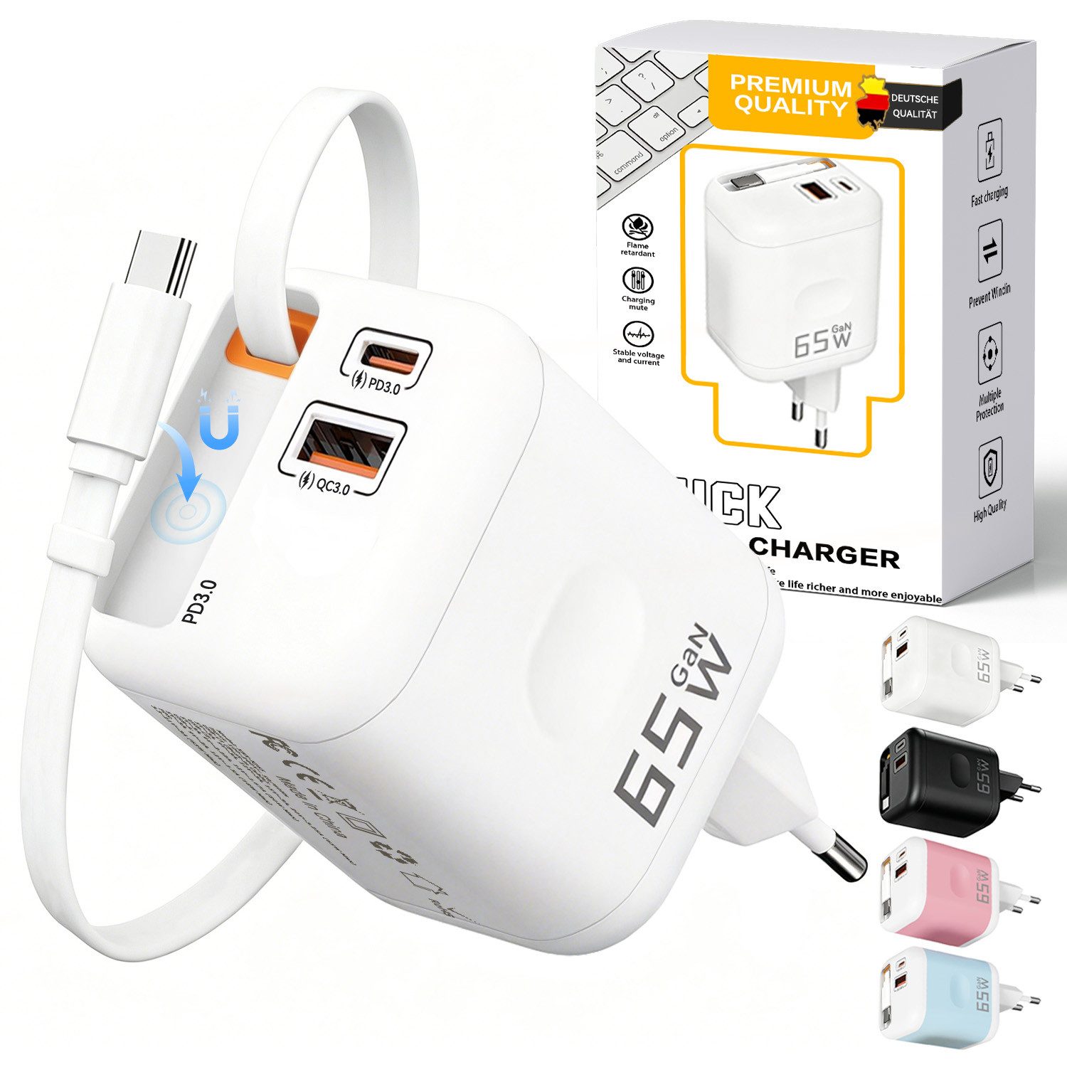 SWGOTA 2026 Neues 65W GaN 3-Port USB C Ladegerät mit Einziehbarem Kabel USB-Ladegerät (65W Schnellladegerät, 3-in-1 USB Netzteil, PD 3.0 Power Adapter, Unterstützt Super Fast Charging bei Einzelportnutzung)