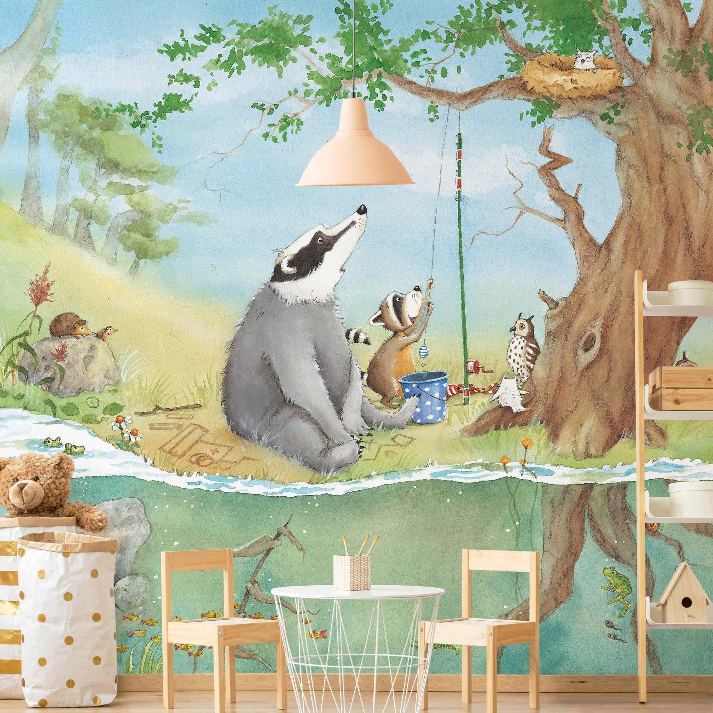 Bilderdepot24 Kindertapete Kinderzimmer Wassili Waschbär Elsa Wald Baum Eule Kinder Wanddeko, Glatt, Matt, (Inklusive Gratis-Kleister oder selbstklebend), Mädchenzimmer Jungenzimmer Babyzimmer Bildtapete Fototapete Wandtapete