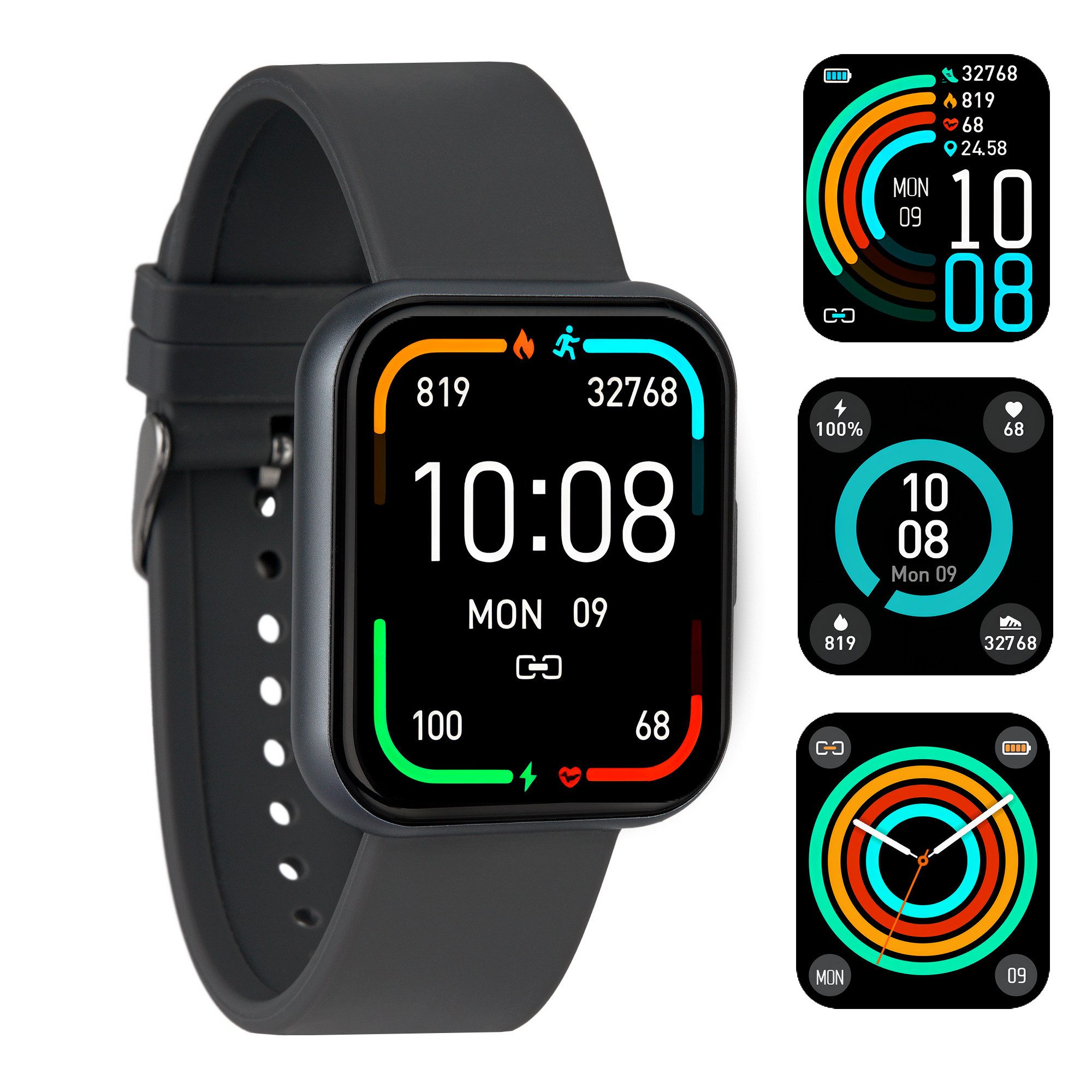 XCOAST IVE 2 Anthrazit Fitnesstracker und Smartwatch (BxLxH: 3,8x4,4x1,1 cm/Farb-Touchdisplay 1,69 Zoll, iOS und Android), 3-tlg., 70 verschiedene Ziffernblätter, Nachrichtenanzeige, Blutdruck, Puls, Blutsauerstoff, Kalorien, 21 Sportmodi, Schlafmonitor