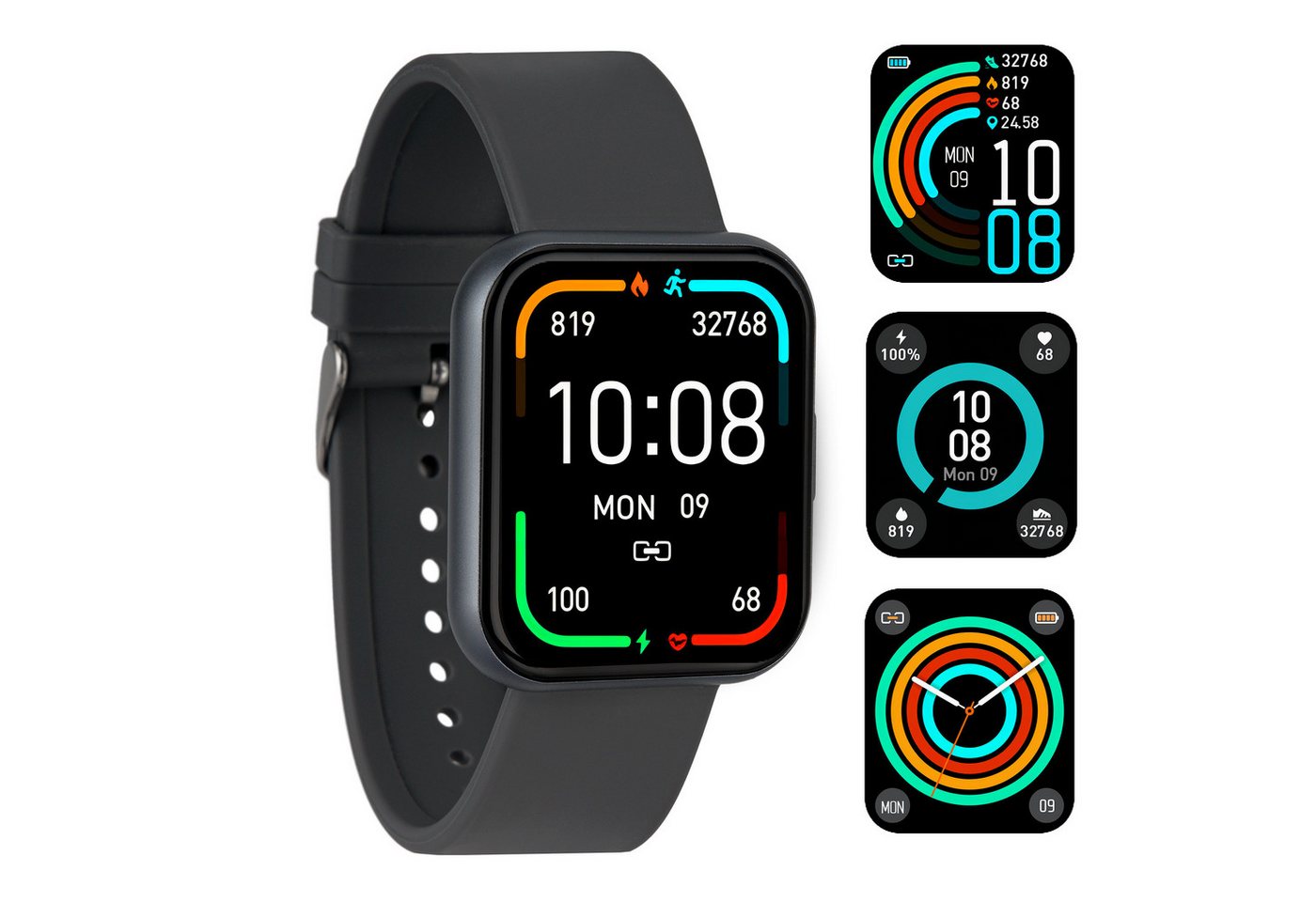 XCOAST IVE 2 Anthrazit Fitnesstracker und Smartwatch (BxLxH: 3,8x4,4x1,1 cm/Farb-Touchdisplay 1,69 Zoll, iOS und Android), 3-tlg., 70 verschiedene Ziffernblätter, Nachrichtenanzeige, Blutdruck, Puls, Blutsauerstoff, Kalorien, 21 Sportmodi, Schlafmonitor s