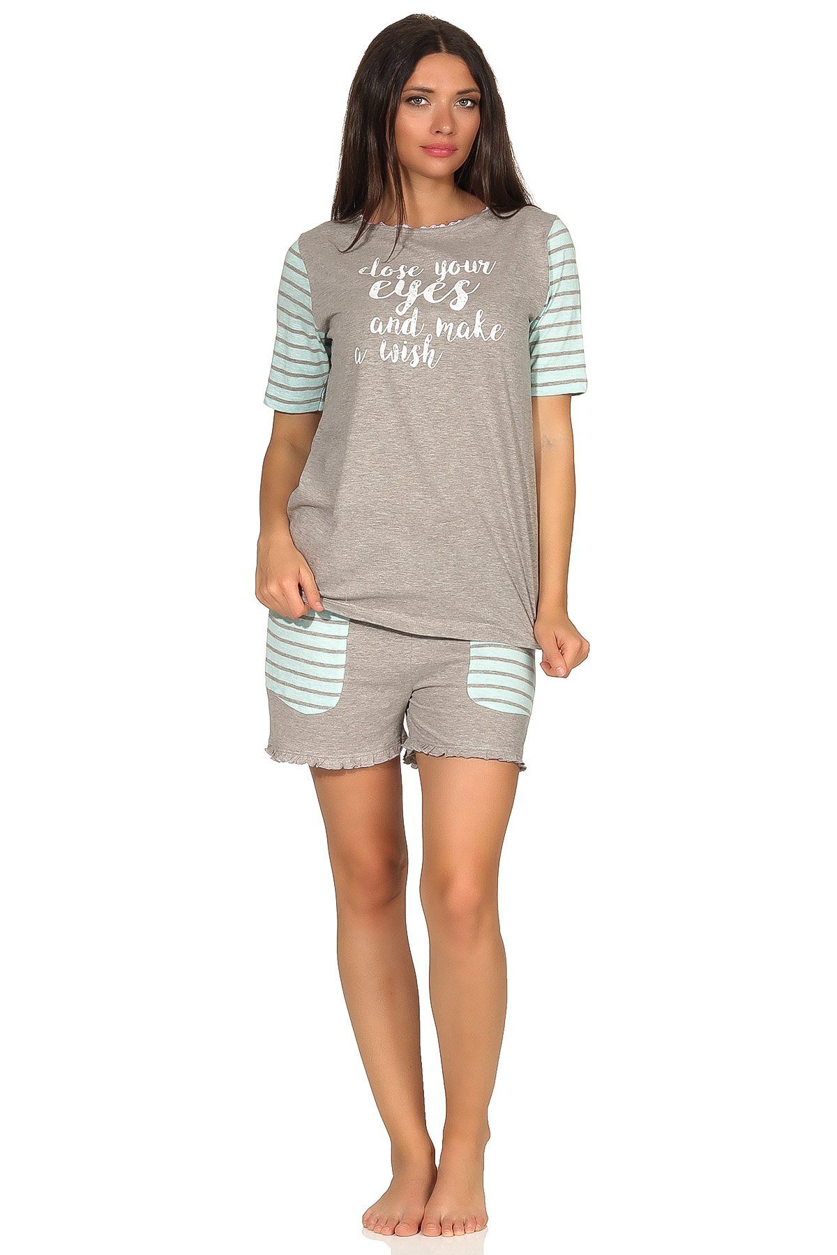 grau Normann Pyjama Damen Ärmeln abgesetzten Pyjama kurzarm und College-Look Shorty im