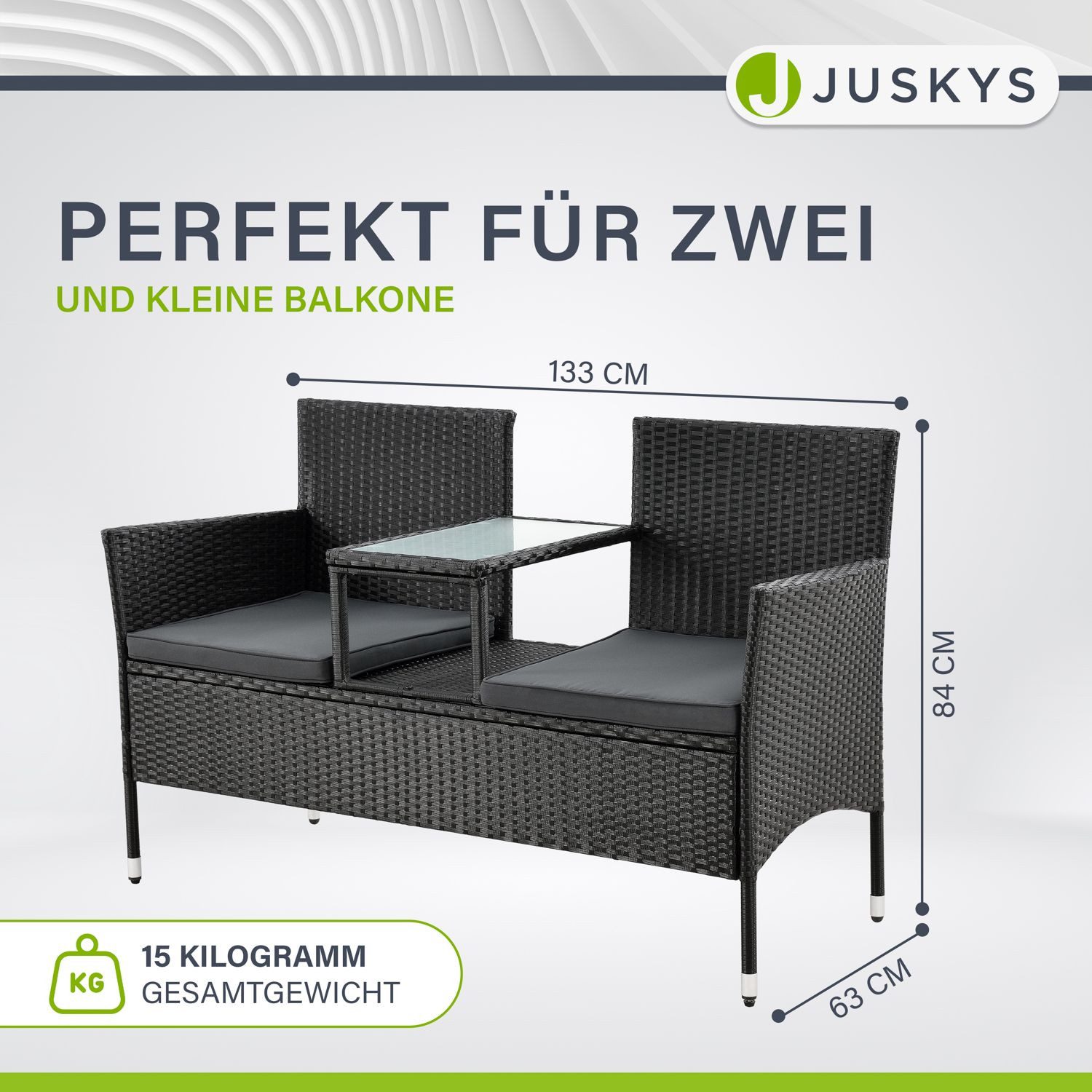Juskys Balkonset Monaco, Balkonmöbel in Rattan-Optik, Polyrattan 2-Sitzer mit Tisch & Kissen