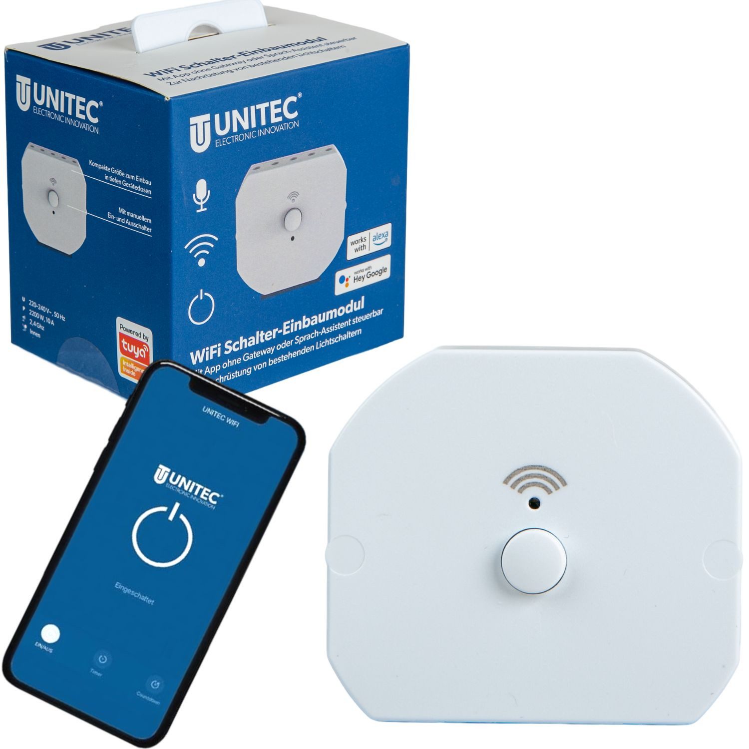 UNITEC WLAN-Steuerungsmodul WLAN Smart Schalter Einbaumodul WiFi Modul, für Innen, 1x WLAN Modul, Lichtschalter Schaltmodul Dose für Alexa Hey Google Tuya Smart Life