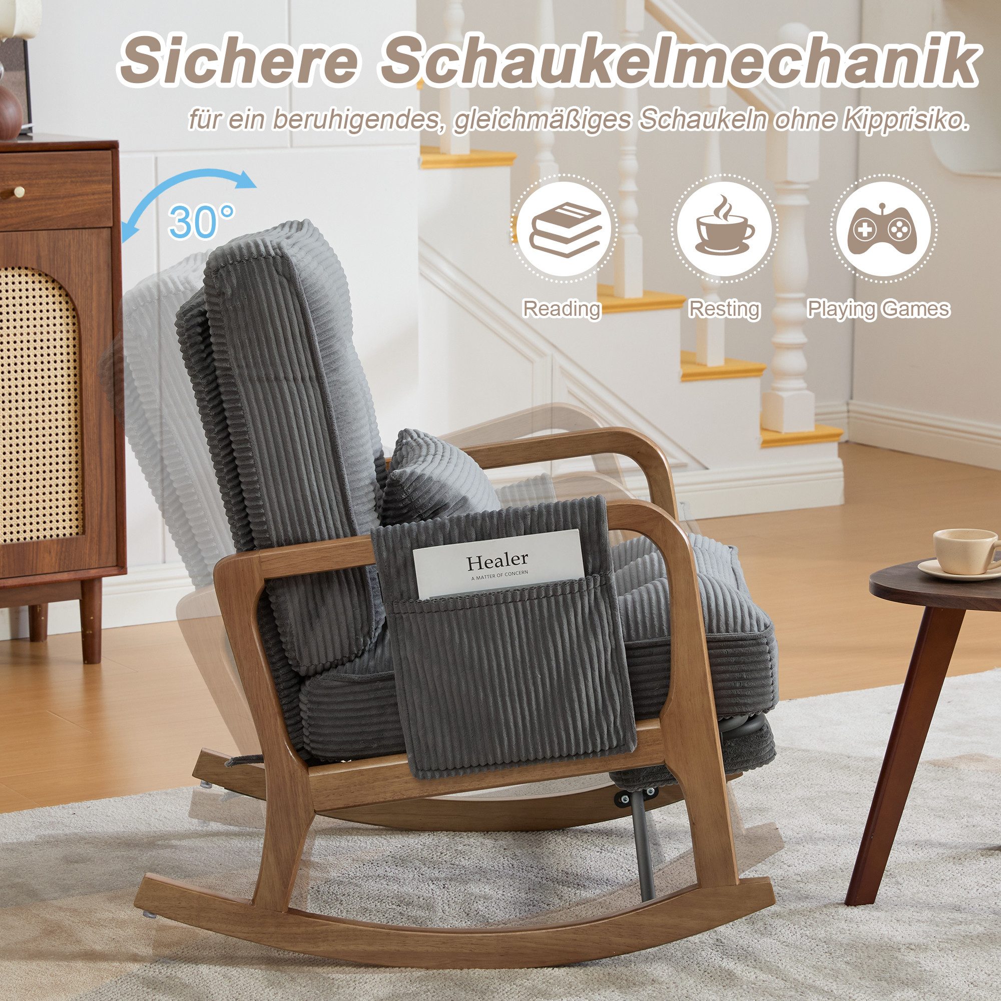 Celya Schaukelstuhl Freizeitstuhl mit Fußstütze und Seitentaschen, Ideal für Wohn-, Schlaf- und Kinderzimmer – Bild 5 von 5