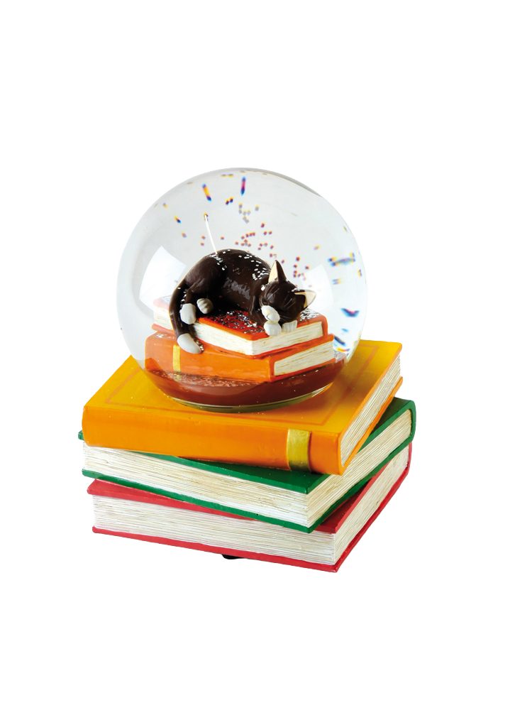 Musicboxworld Spieluhr Spieluhr 100 mm Glitzerkugel Katze auf dem Bücherstapel