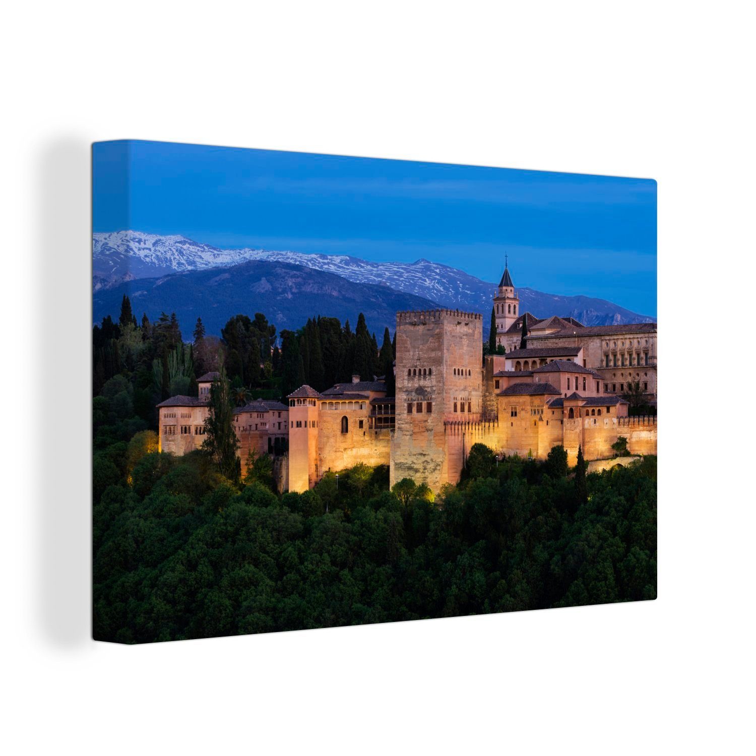 Alhambra Aufhängefertig, OneMillionCanvasses® in Leinwandbilder, 30x20 Wandbild (1 St), Wanddeko, in Beleuchtete der cm Leinwandbild Gebäude Spanien,