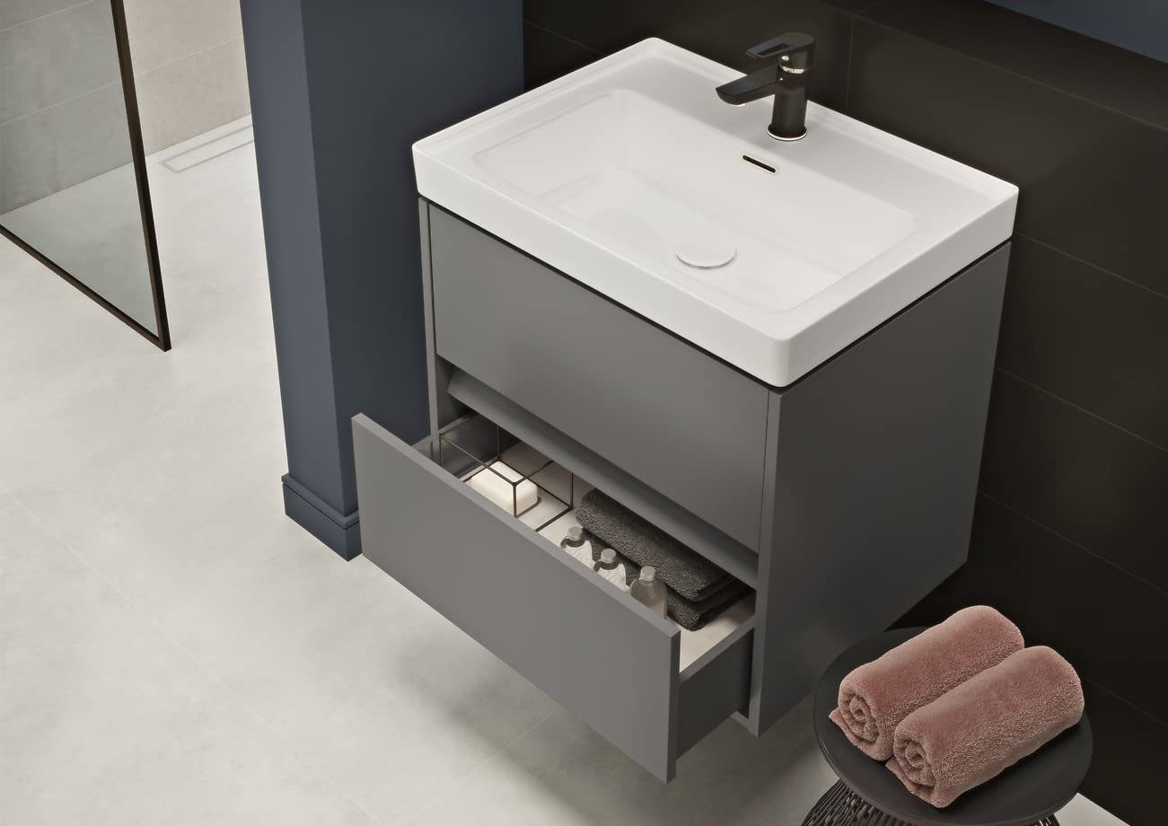 Badmöbel & Set KOLMAN Schubladen Waschbeckenunterschrank mit 100 Grau CREA Keramikwaschbecken Badezimmerschrank