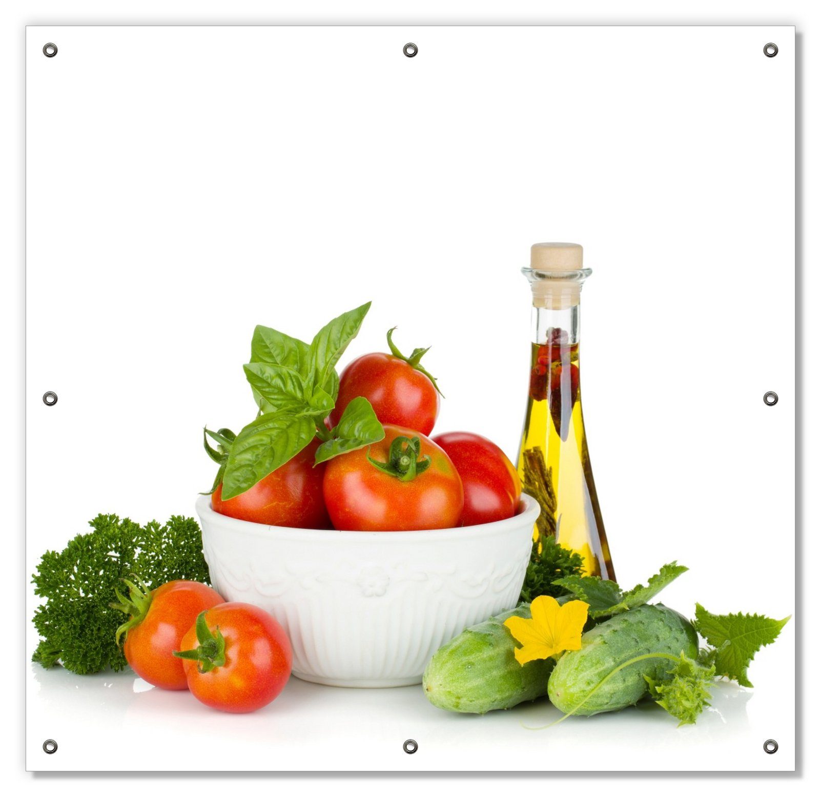 Sonnenschutz Frische Salatzutaten mit Kräuter-Öl - Tomaten, Gurke, Petersilie, Wallario, blickdicht, mit Saugnäpfen, wiederablösbar und wiederverwendbar