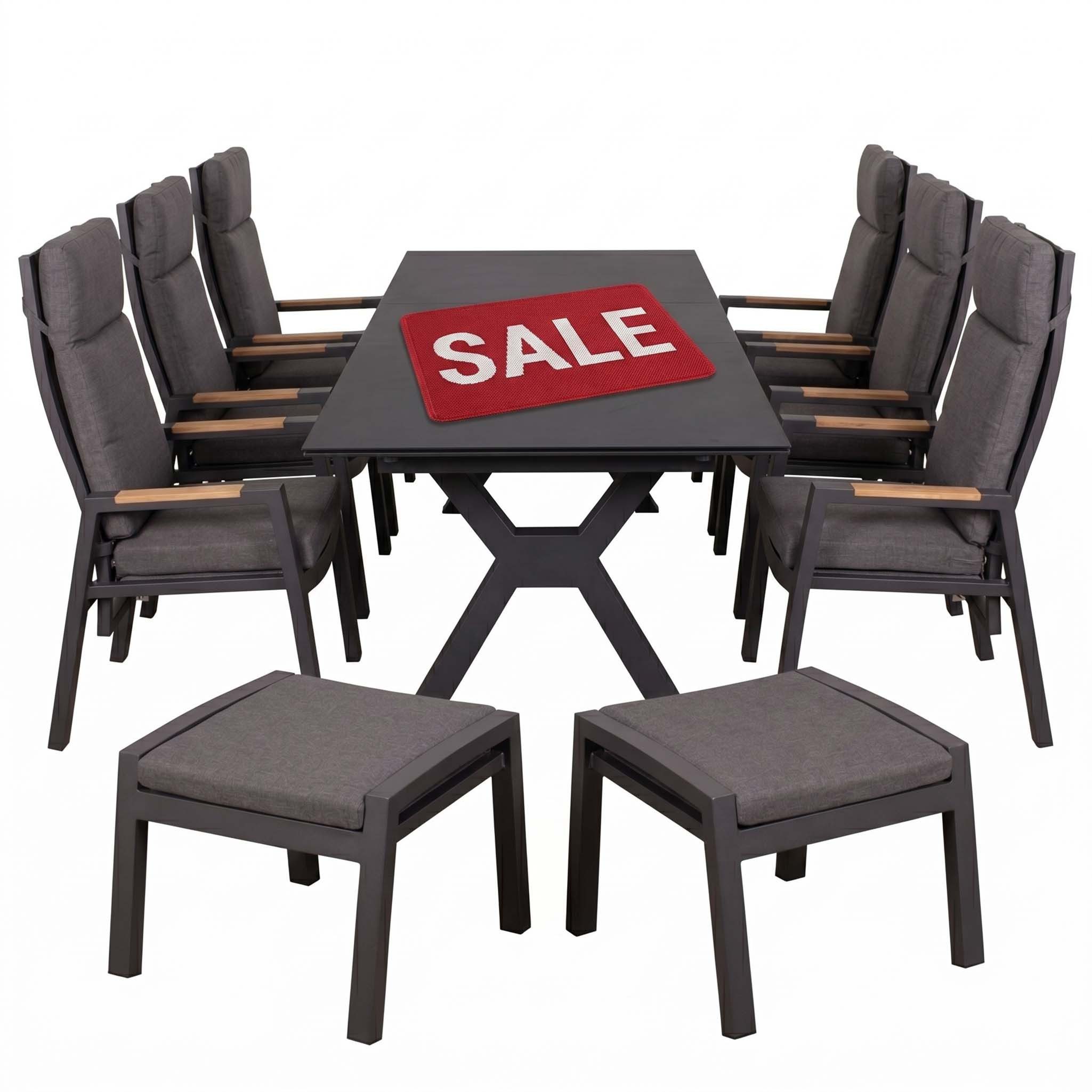 MR.DEKO Garten-Essgruppe Tisch Malaga 200 x 90 cm mit Keramik + Relaxsessel & Hocker Sevilla, (7-teiliges Gartenmöbel-Set für Terrasse oder Balkon), Keramiktisch mit Alugestell, verstellbare Rückenlehne, Teakarmlehne