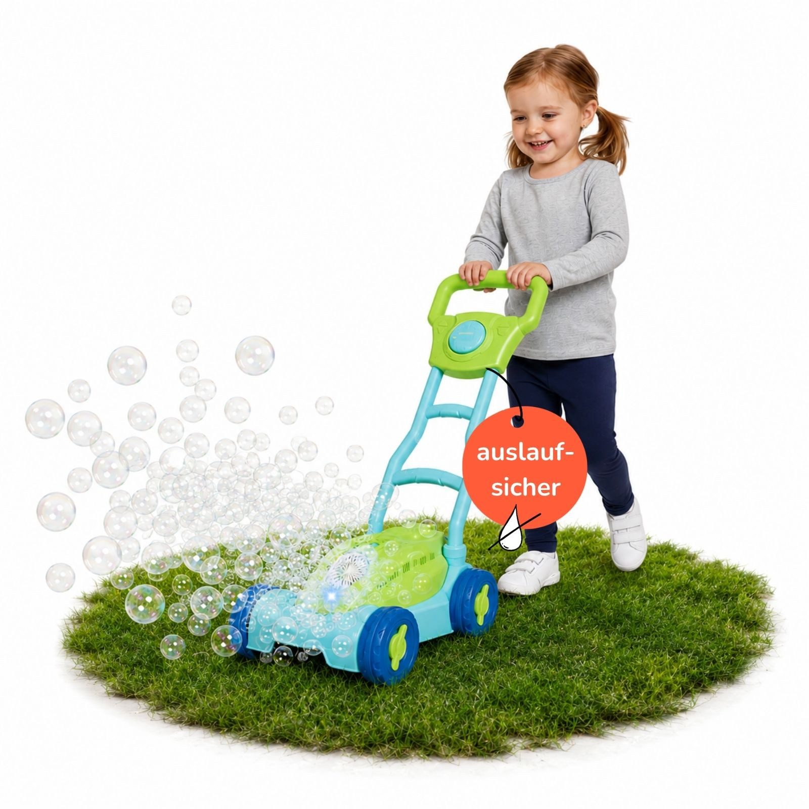 alldoro Seifenblasenspielzeug Seifenblasen-Rasenmäher für Kinder, auslaufsicherer Seifenblasentank, 160 ml Seifenblasenflüssigkeit, Licht & Hupe
