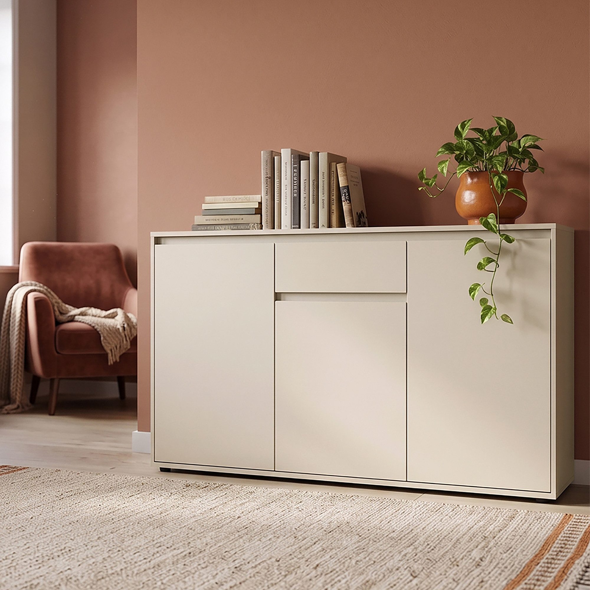 Lomadox Sideboard ZOLLINO-129, in Beige, 137 cm breit mit 3 Türen & 1 Schublade