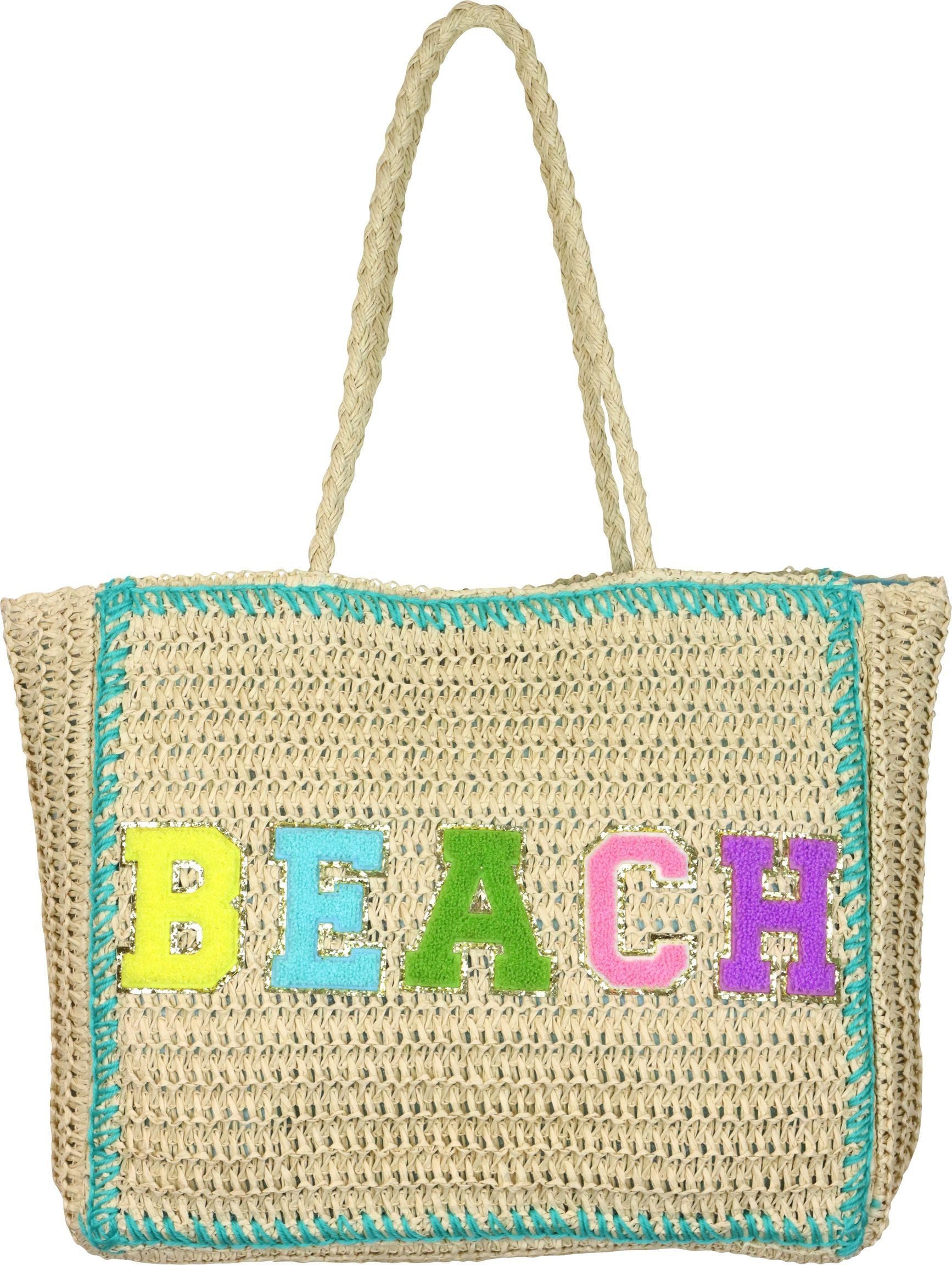 FURNARO Strandtasche, Korbtasche aus Raffia, Baumwolle mit buntem Schriftzug, 39x34x11cm