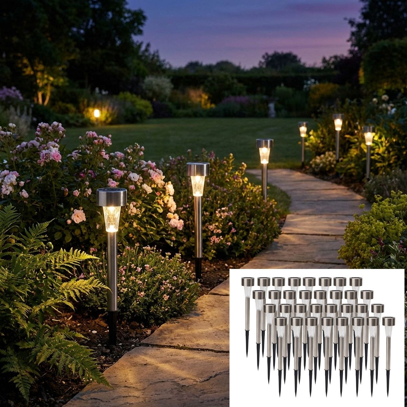 Casativo LED Solarleuchte Mini-LED Solarleuchten, Edelstahl-Erdspieß IP44 für Garten 16/32 St., LED fest integriert, bis zu 8h Licht/Dämmerungssensor/Ø x H: je 4,6 × 31,2 cm