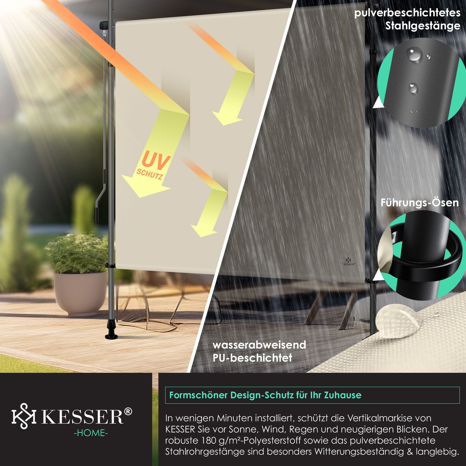 KESSER Senkrechtmarkise Klemmmarkise Ausziehbar Blickdicht Vertikal Markise mit Handkurbel