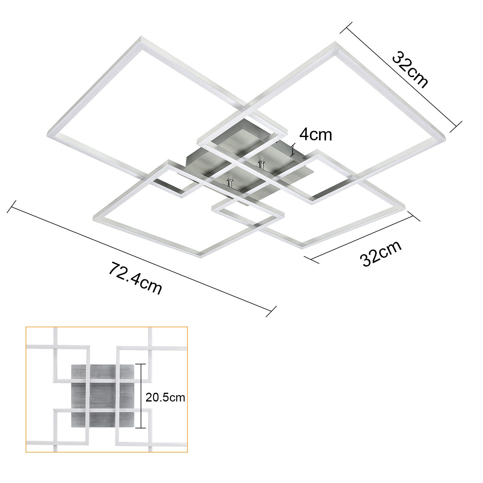 ZMH LED Deckenleuchte Wohnzimmer 72CM Schwarz/Silber RechteckigDimmbar 48W Deckenlampe, Augenschutz, Einfache Installtion, LED fest integriert, 3000-6500K, mit Fernbedienung Modern Esszimmerlampe für Schlafzimmer Küche
