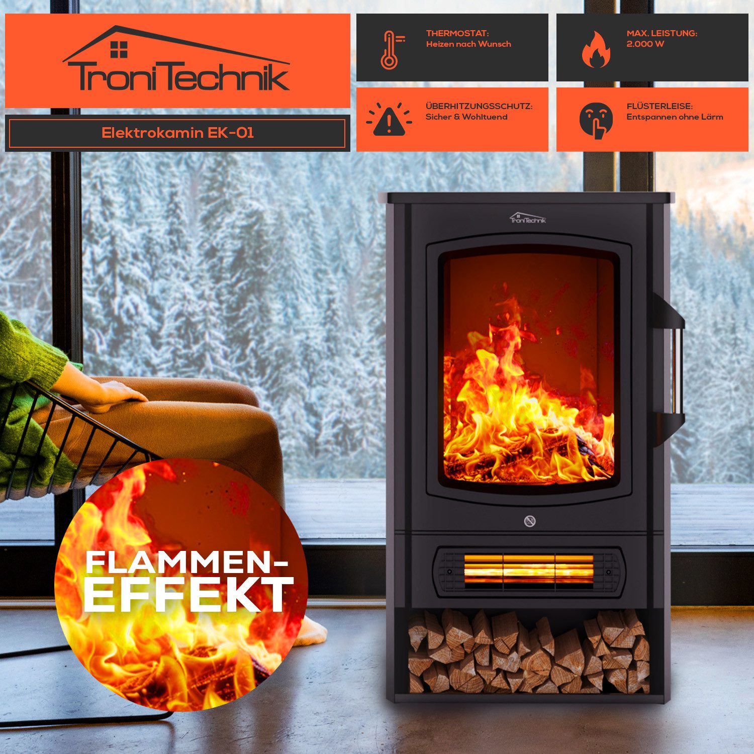 TroniTechnik Elektrokamin Elektrokamin Kaminfeuer, LED Flammeneffekt elektrisch 1000/2000 Watt, Standkamin mit Heizung, Thermostat Panorama-Sichtfenster Heizfunktion