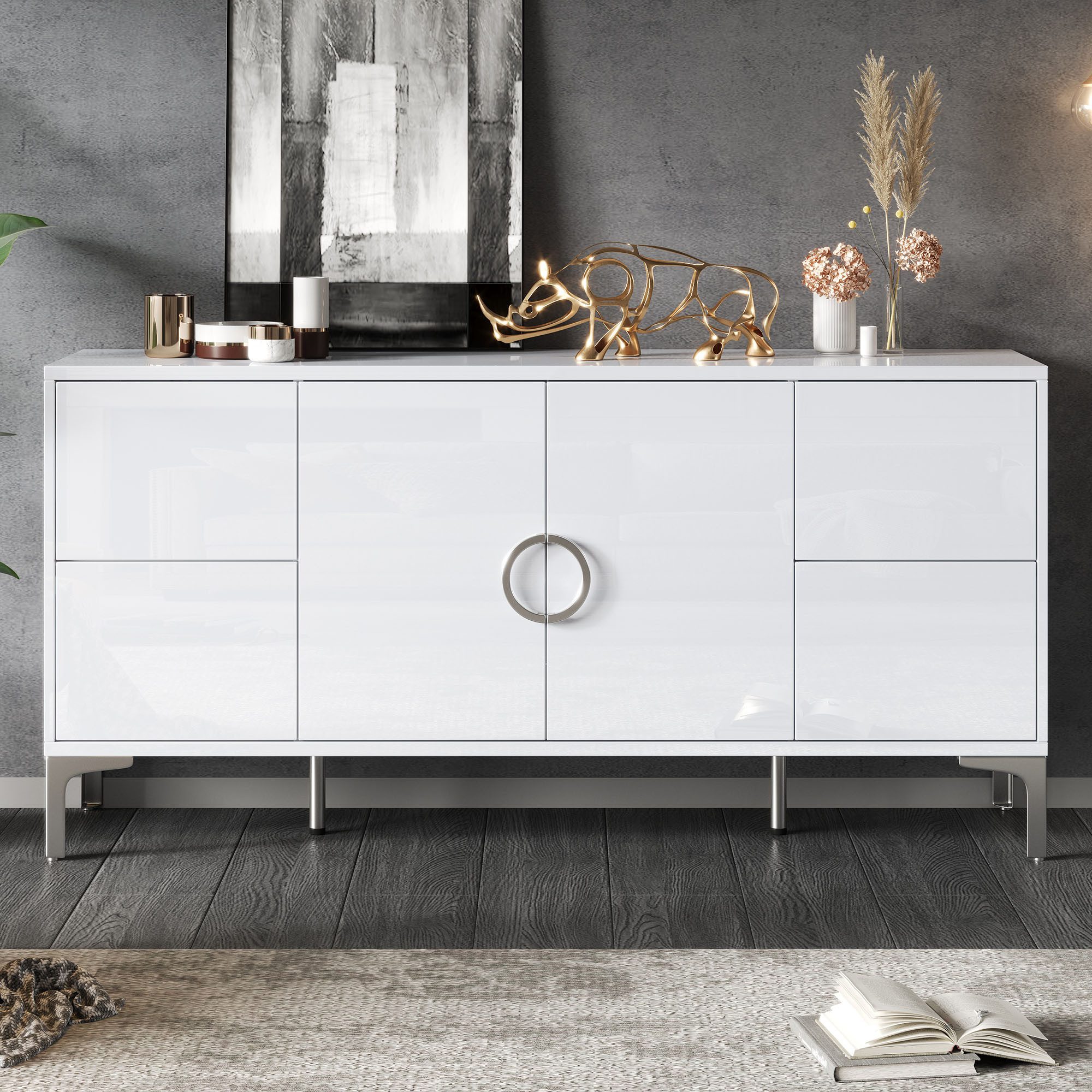 Odikalo Sideboard Kommode mit Schubladen Metallstützfüße (mit 4 Schubladen, 2 Schranktüren, Esszimmerschrank, Hochglanz Sideboard, Ein kommode mit Metallstützfüße, breite grifflose Schließfächer, Weiß, MDF)