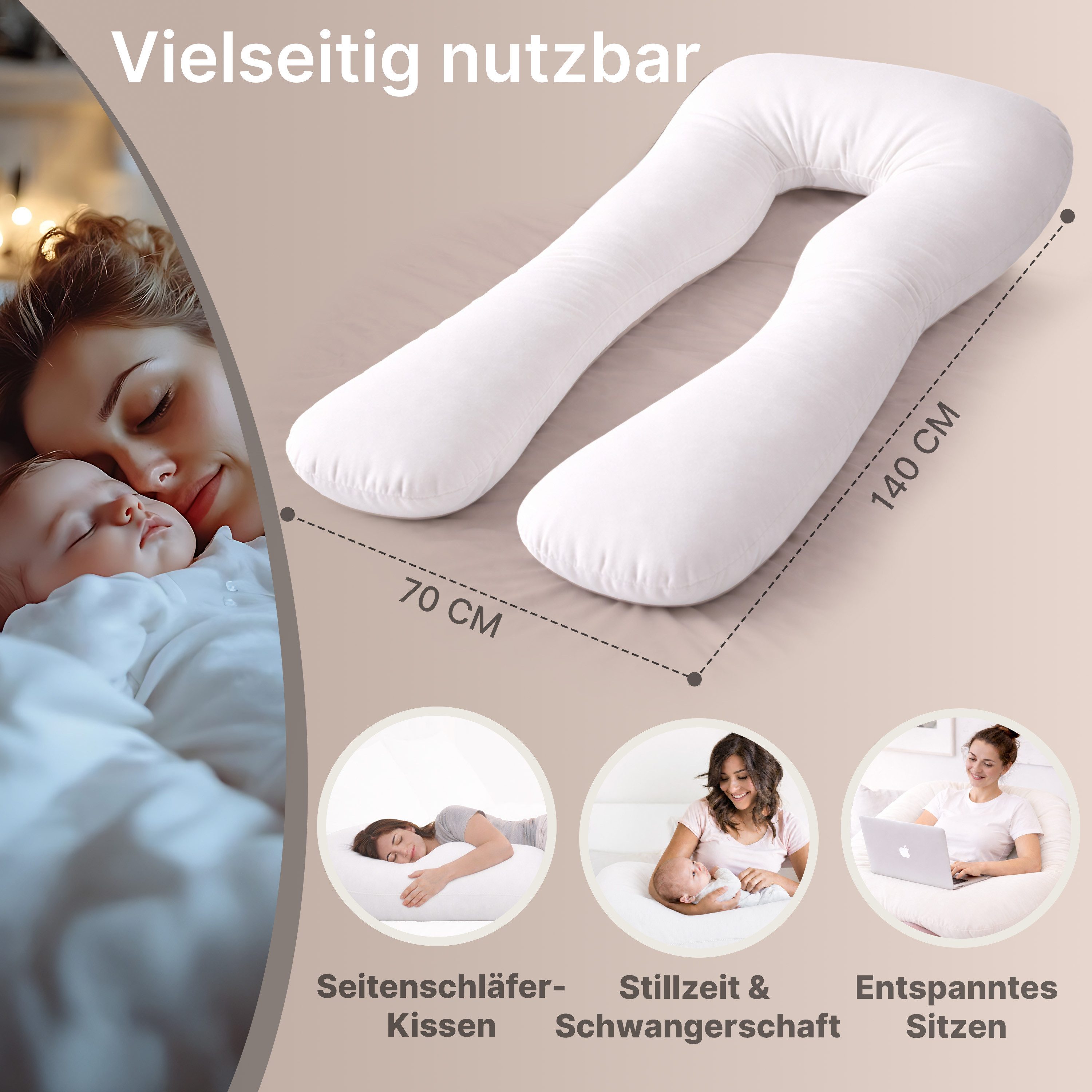 ELONEO Seitenschläferkissen XXL - Multifunktionskissen mit Bezug, formstabil, druckentlastend, bequem