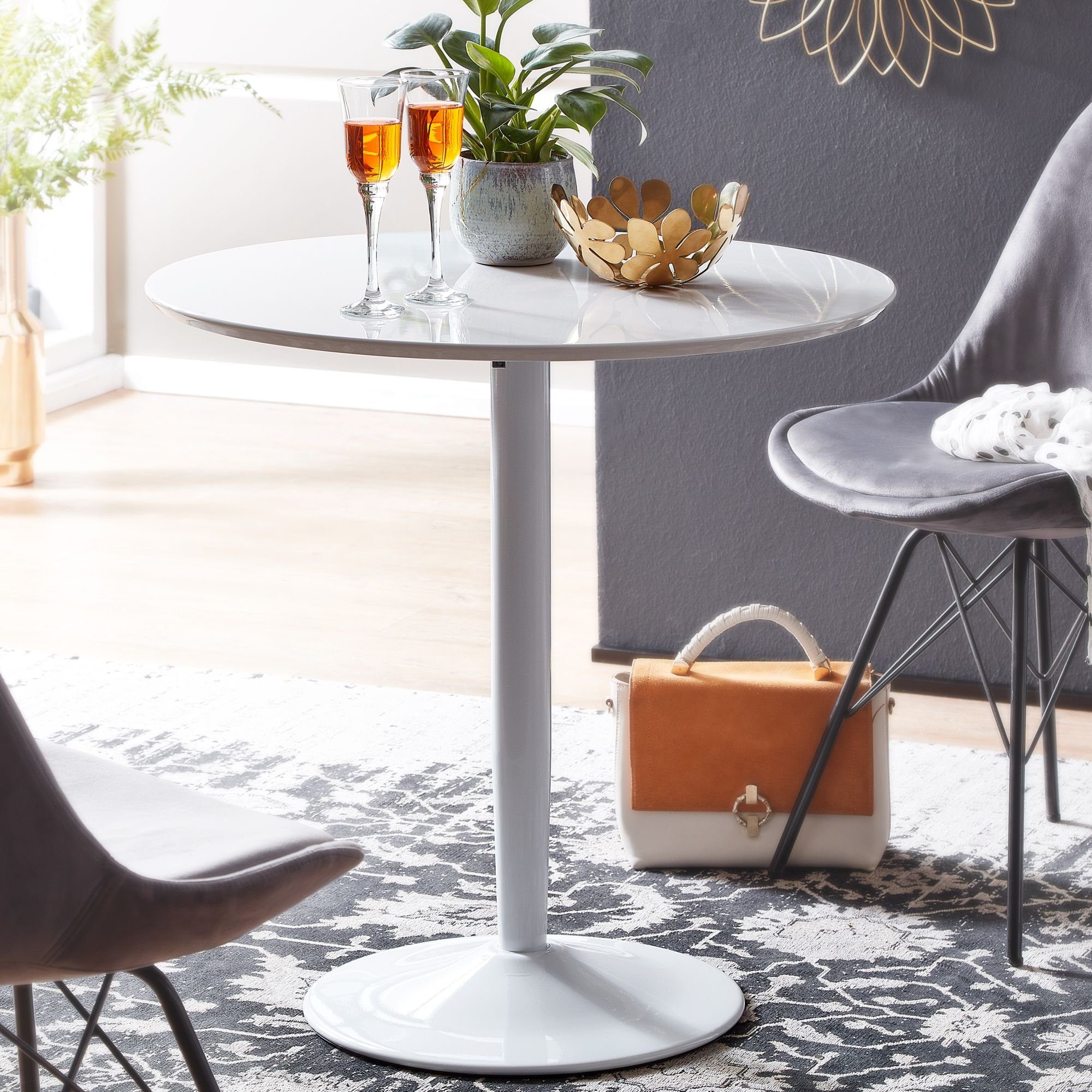 möbelando Esstisch Esstisch Rund 75x75x74 cm Kleiner Küchentisch Weiß Hochglanz, Runder, 75 cm (L)