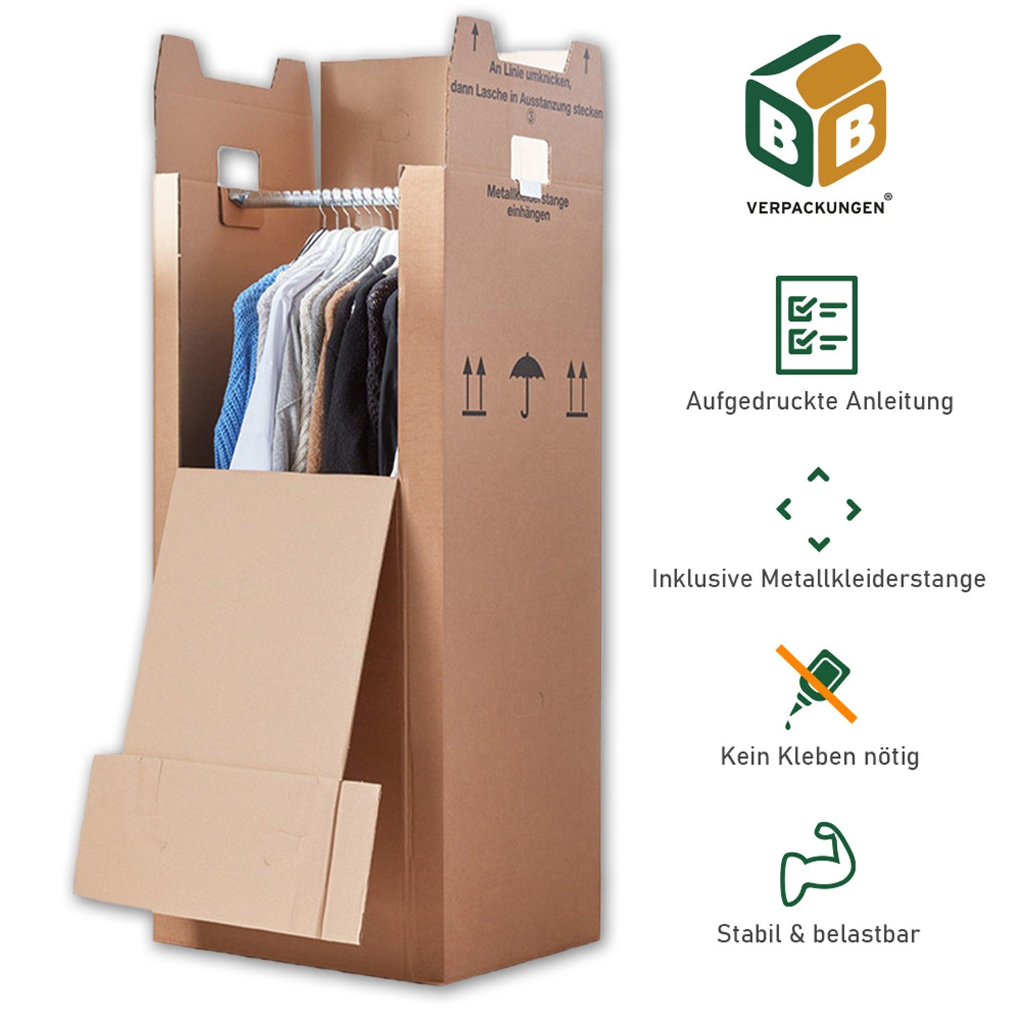 BB-Verpackungen Umzugskarton Kleiderbox, 2-wellig, 40kg Traglast, 600 mm x 510 mm x 1350 mm